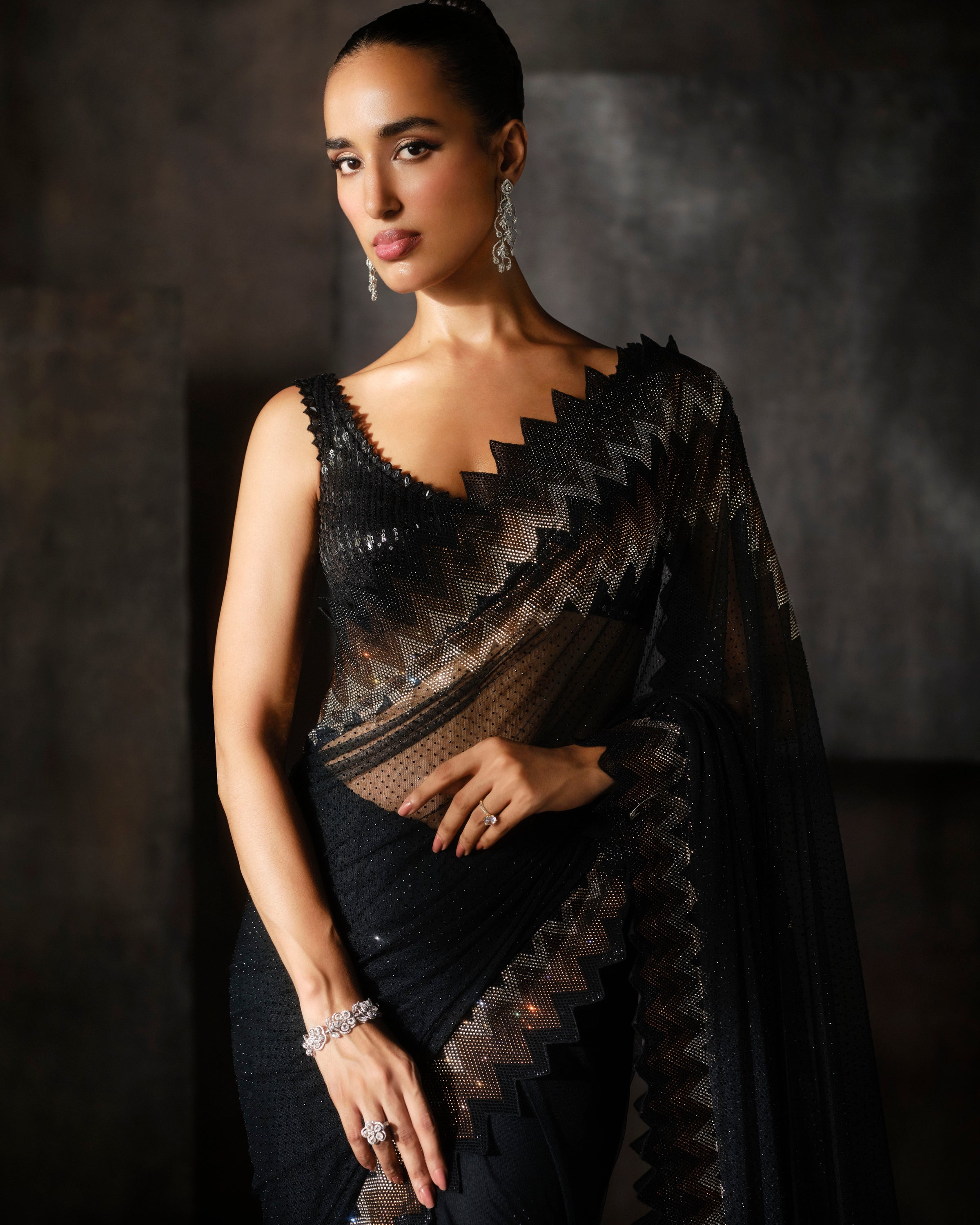 Black Swarovski Sari