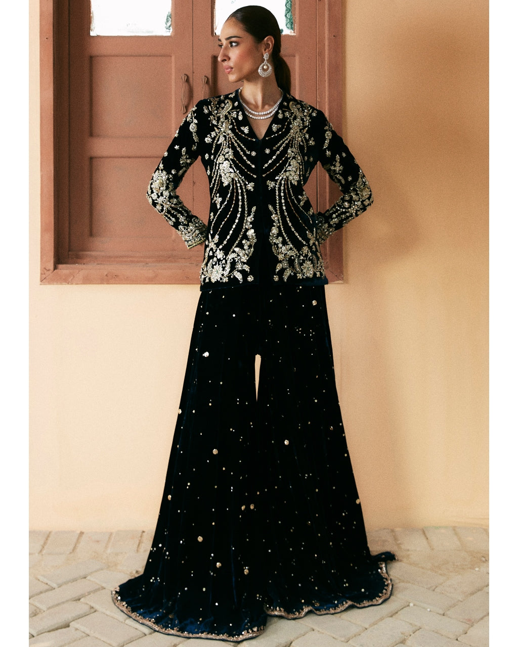 Black Embroidered Belted Sharara Set