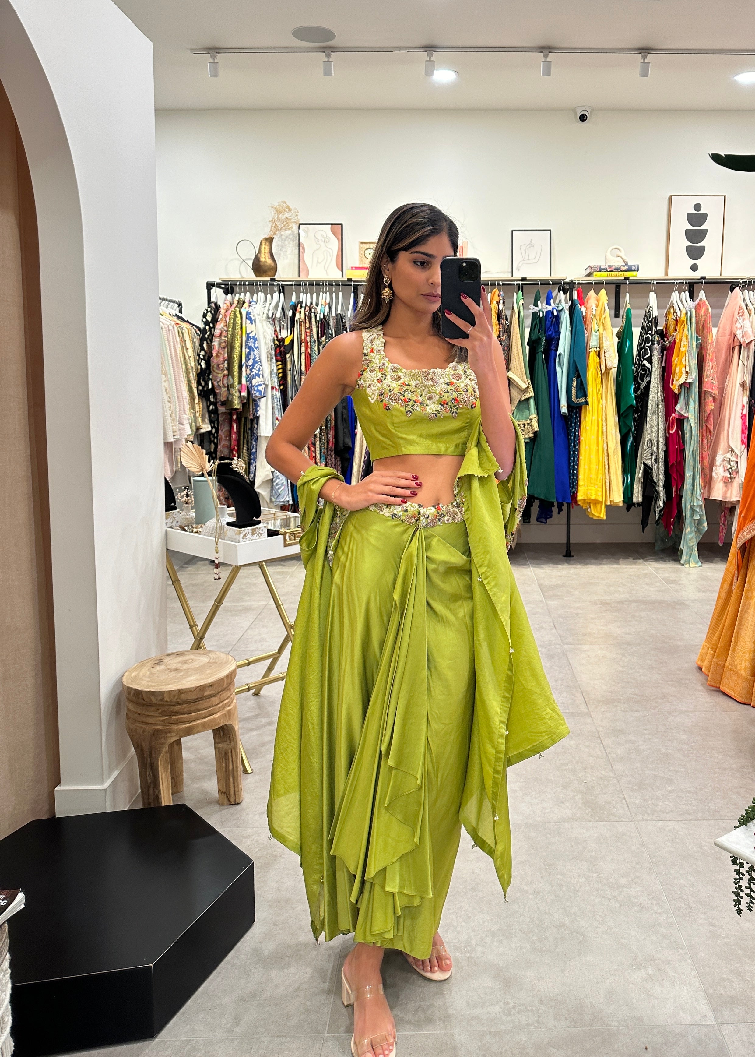Green Cape And Draped Skirt Set