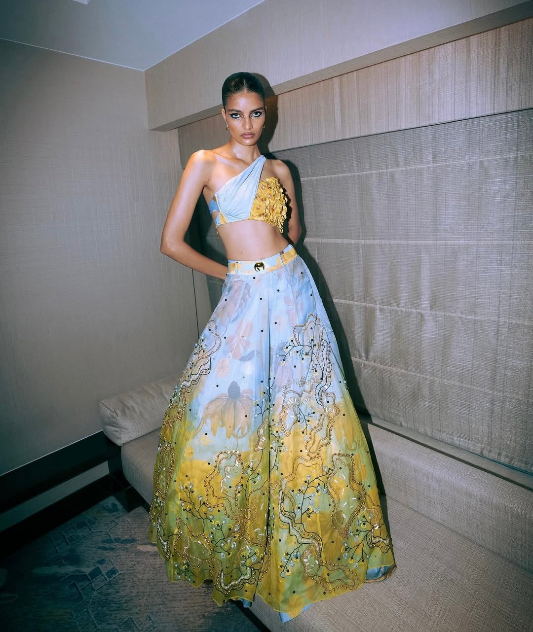 Primordi Ombre Iris Embellished Lehenga With Asymmetrical Iris Blouse