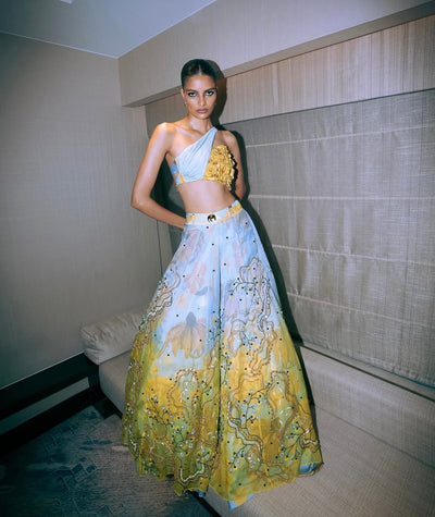 Primordi Ombre Iris Embellished Lehenga With Asymmetrical Iris Blouse