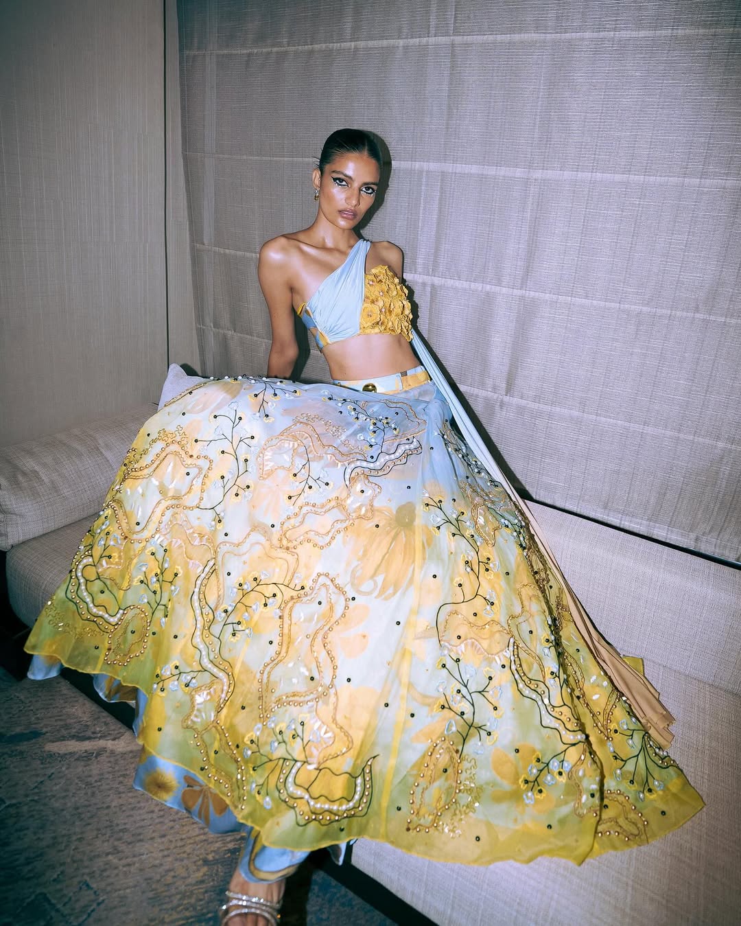 Primordi Ombre Iris Embellished Lehenga With Asymmetrical Iris Blouse