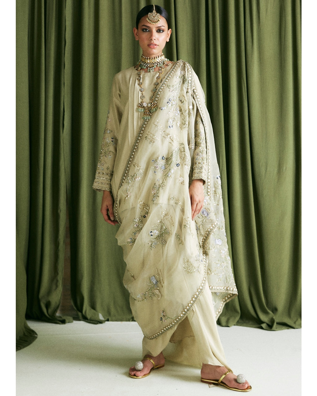 Sage Green Alisha Kurta & Pinched Skirt Set