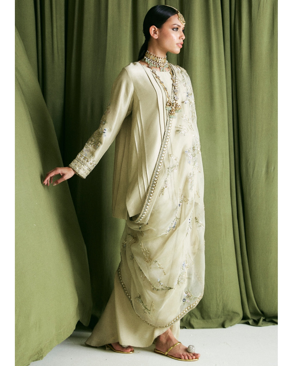 Sage Green Alisha Kurta & Pinched Skirt Set