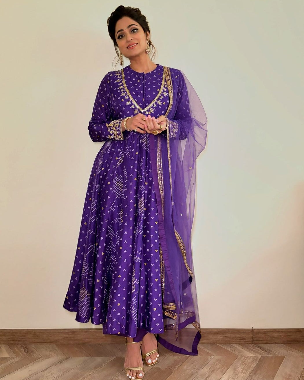 Purple Bandhej Anarkali Set