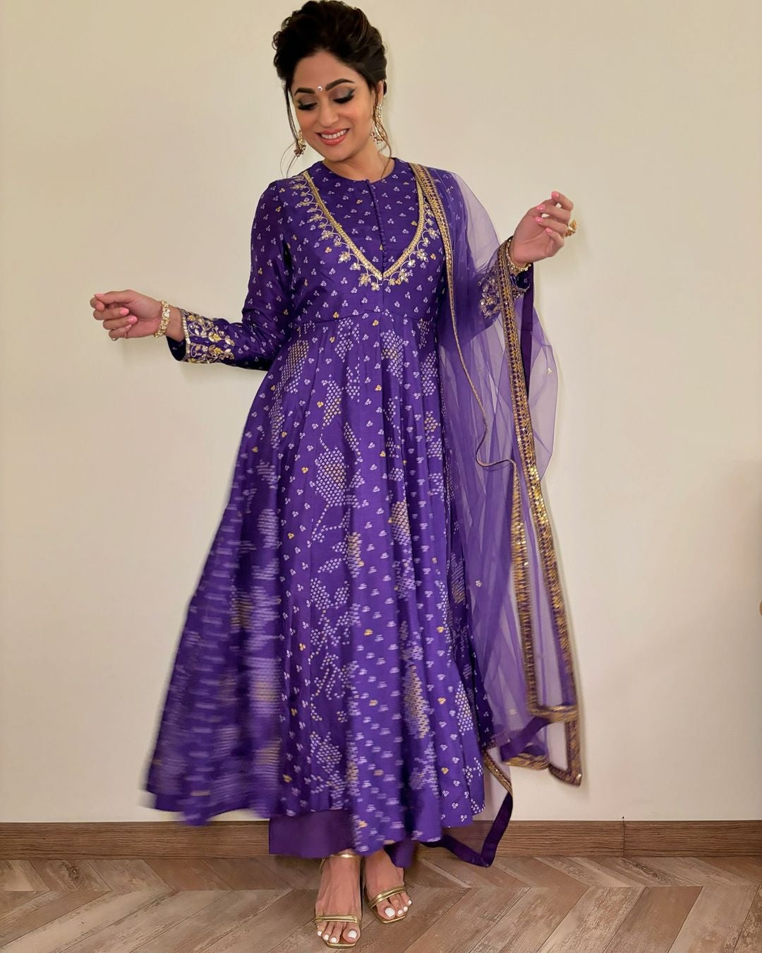 Purple Bandhej Anarkali Set