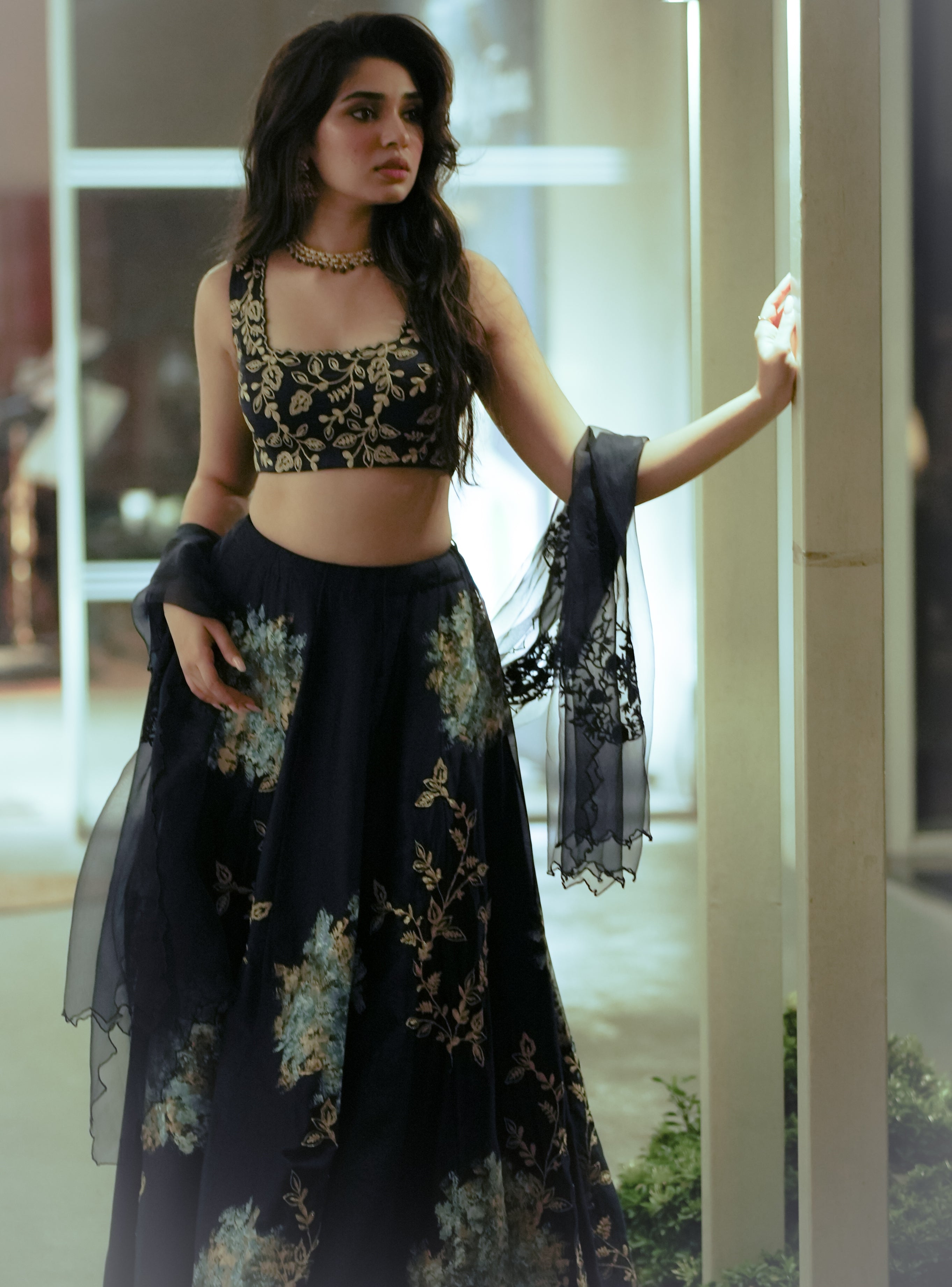 Navy Blue Silk Chanderi Hand-Painted Lehenga Set