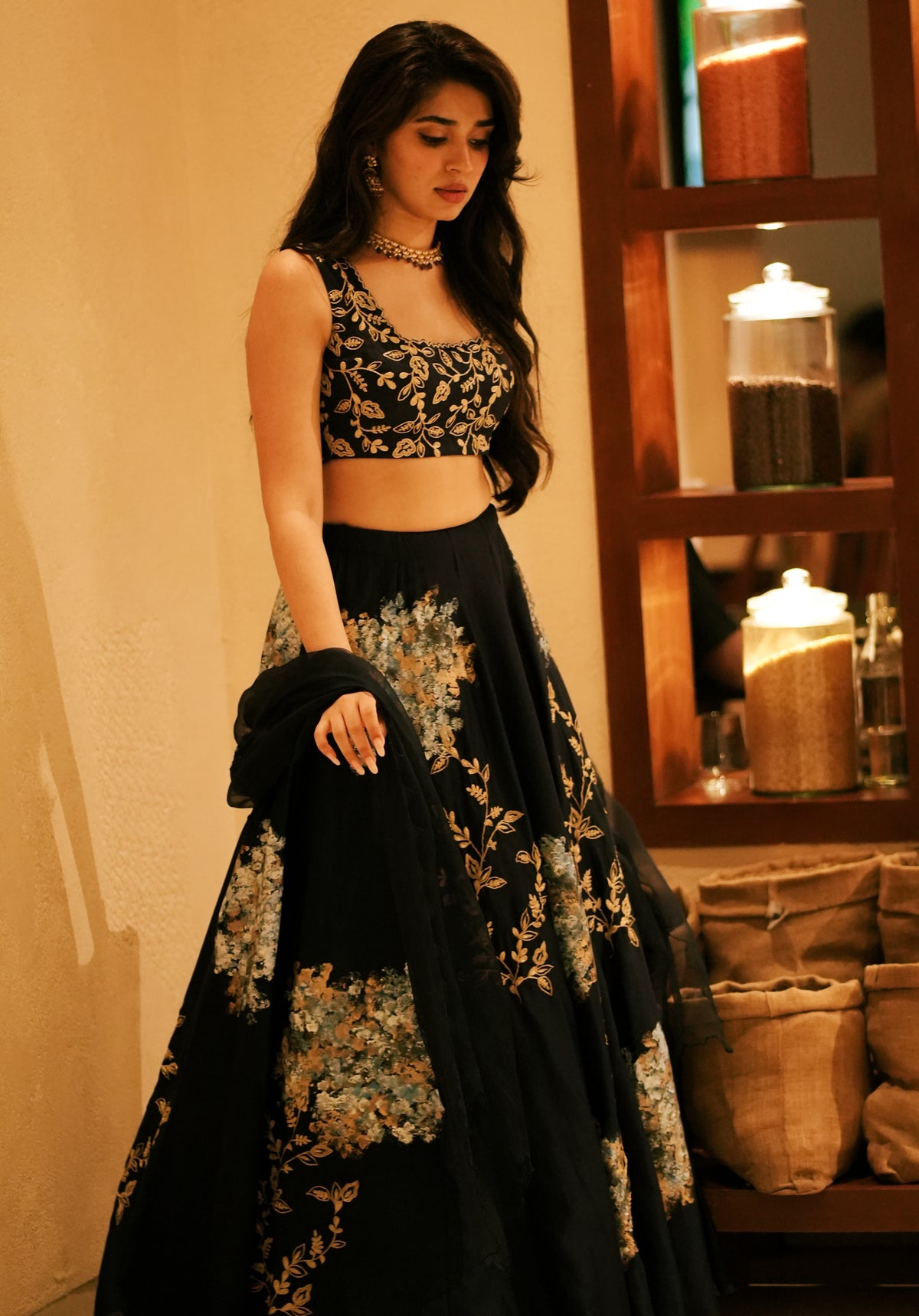 Navy Blue Silk Chanderi Hand-Painted Lehenga Set