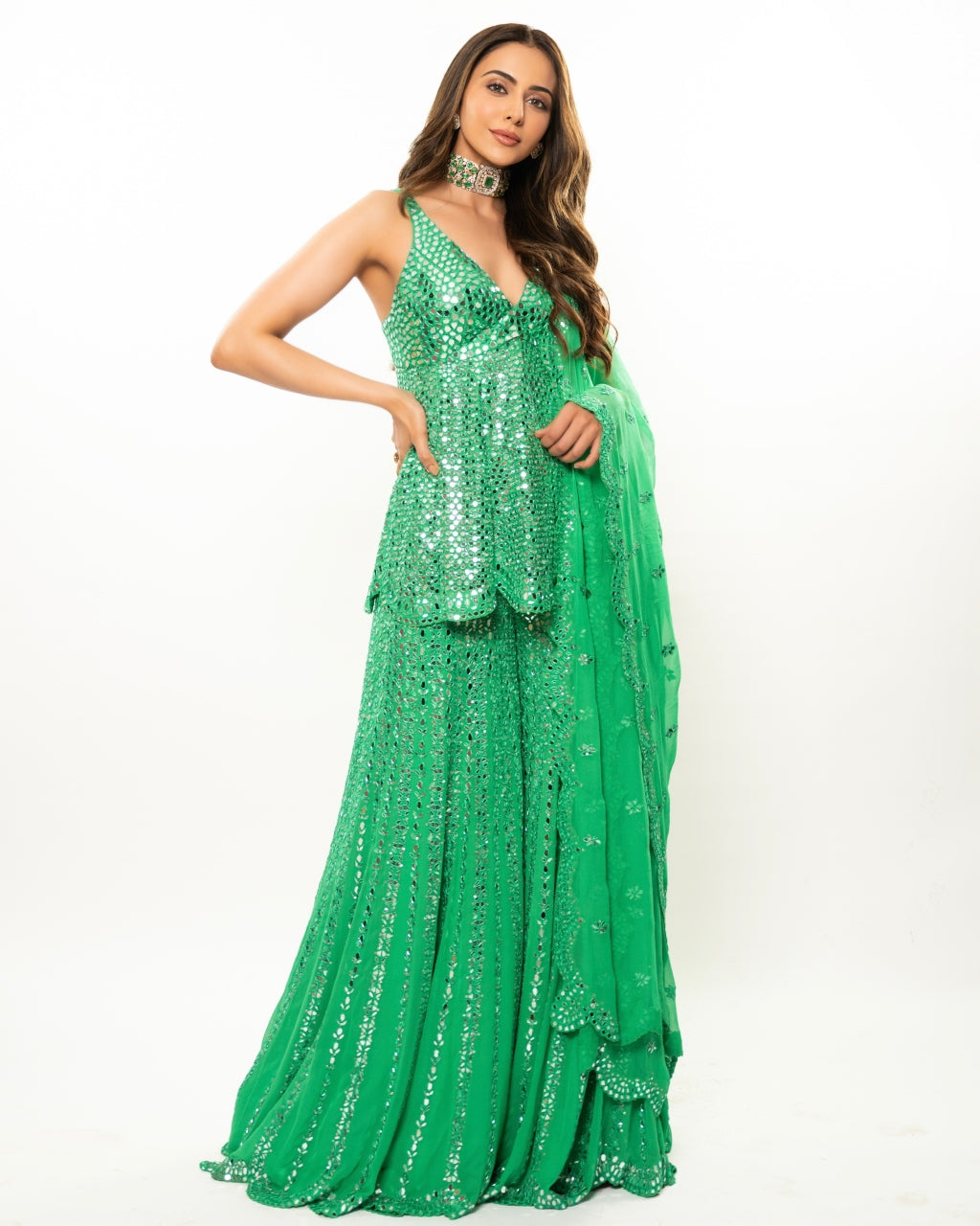 Green Mirror Work Sharara Set