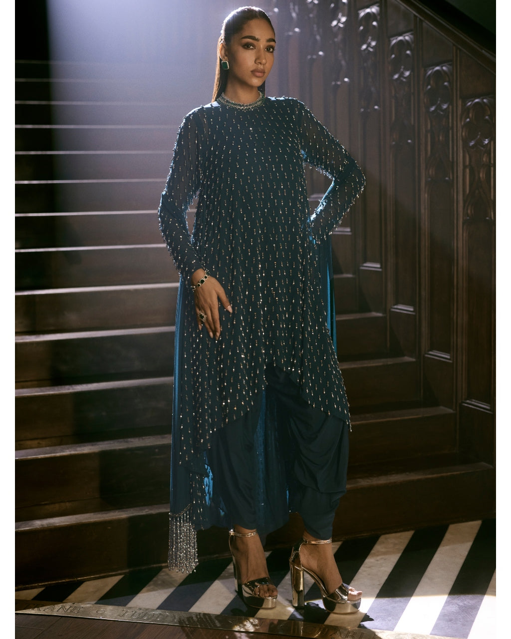 Dark Teal Silver Drop Kurta With Stole