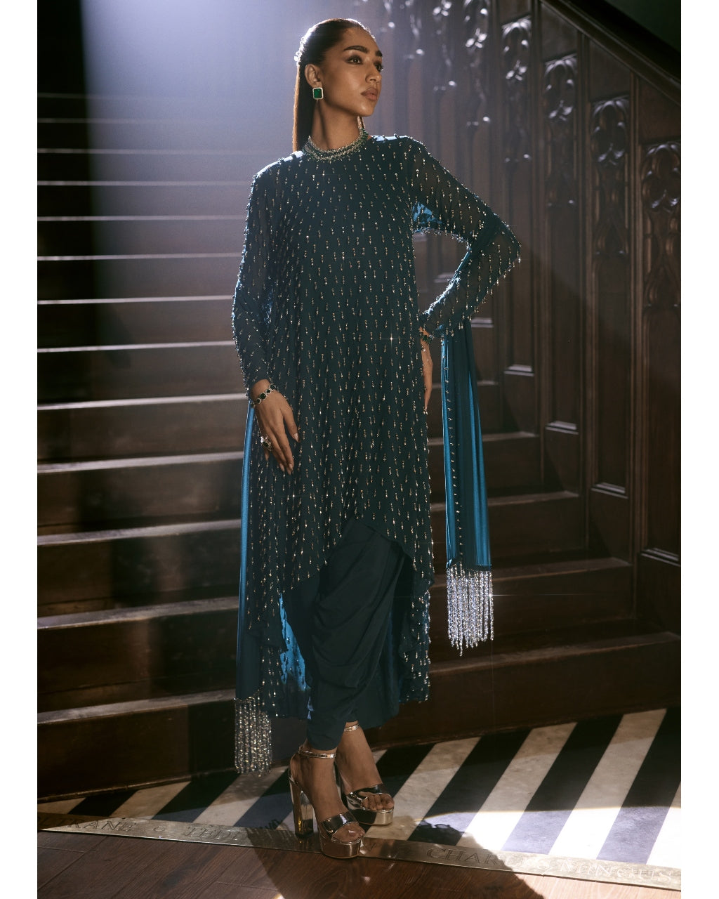 Dark Teal Silver Drop Kurta With Stole