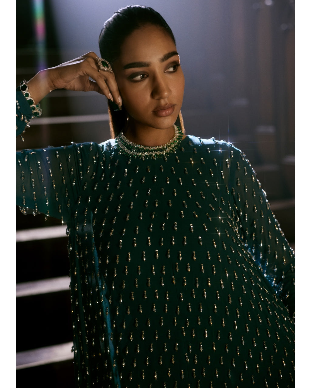 Dark Teal Silver Drop Kurta With Stole