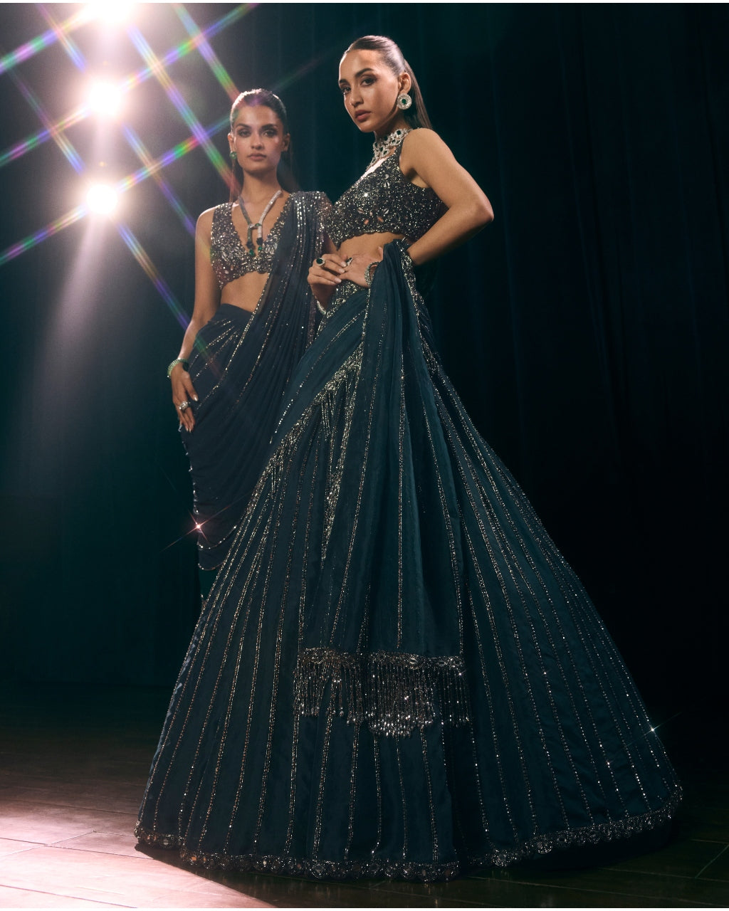 Dark Teal Linear Draped Sari