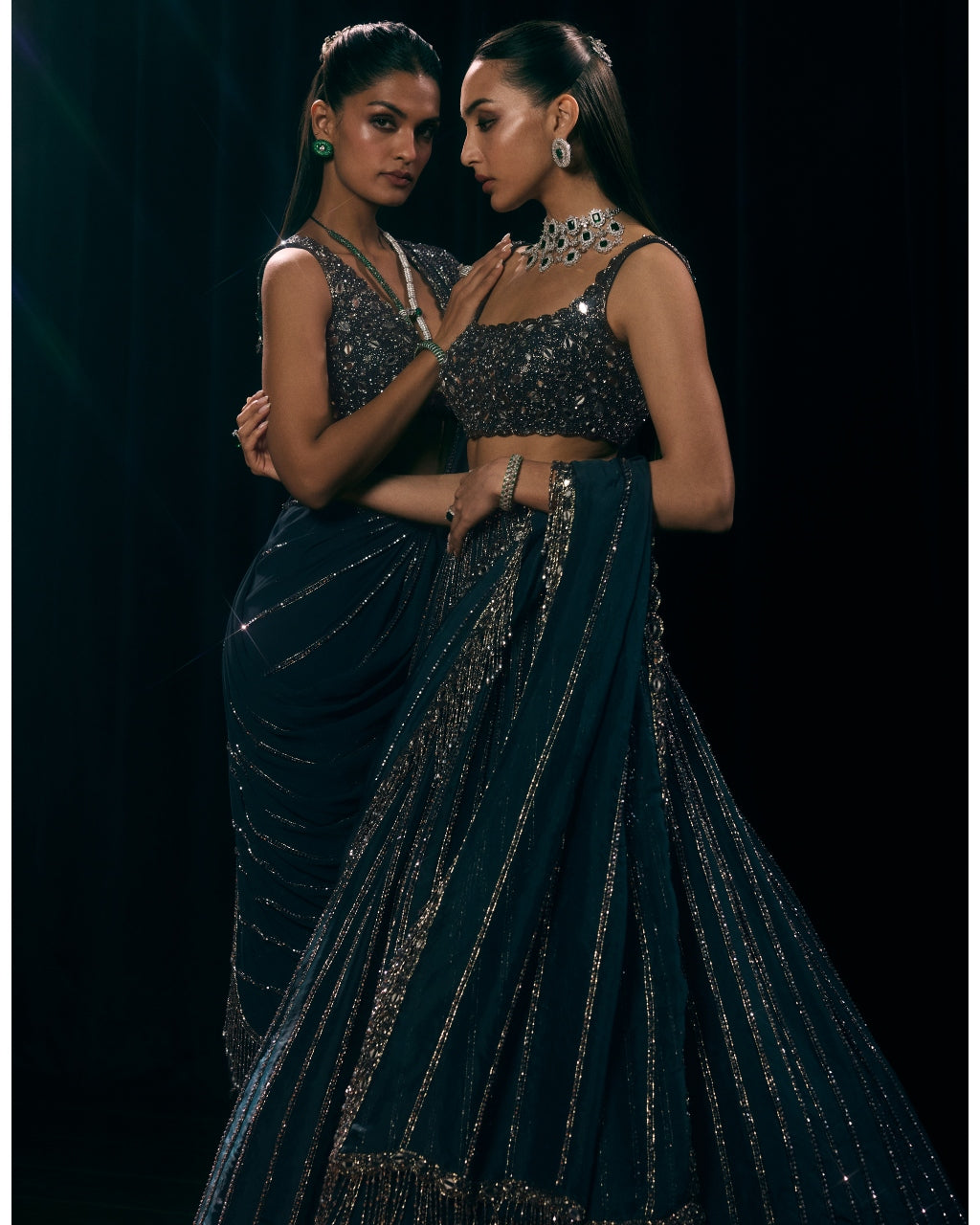 Dark Teal Linear Draped Sari