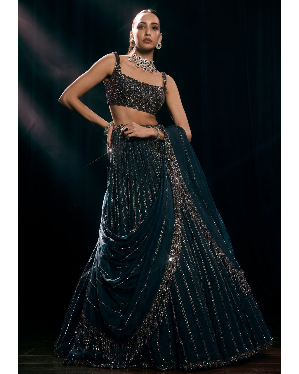 Dark Teal Linear Lehenga Set