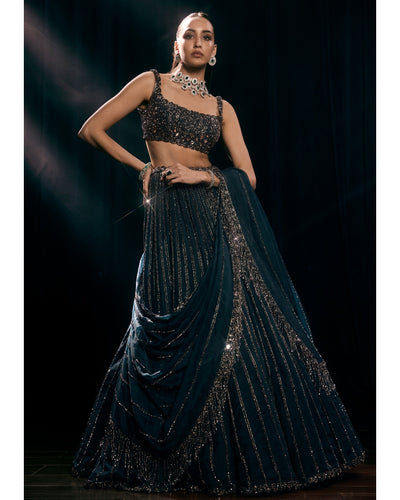 Dark Teal Linear Lehenga Set