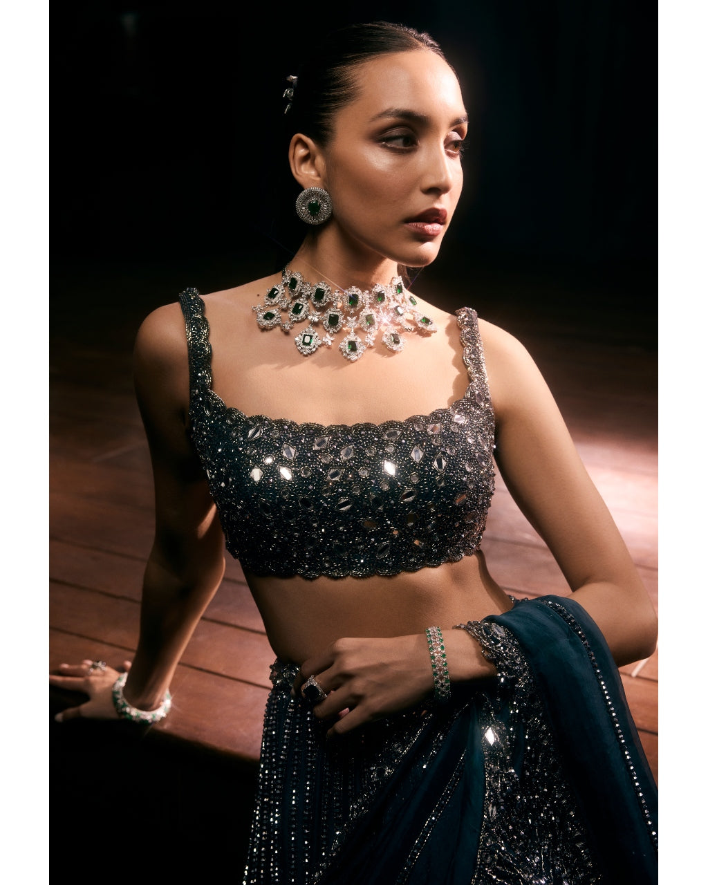 Dark Teal Linear Lehenga Set