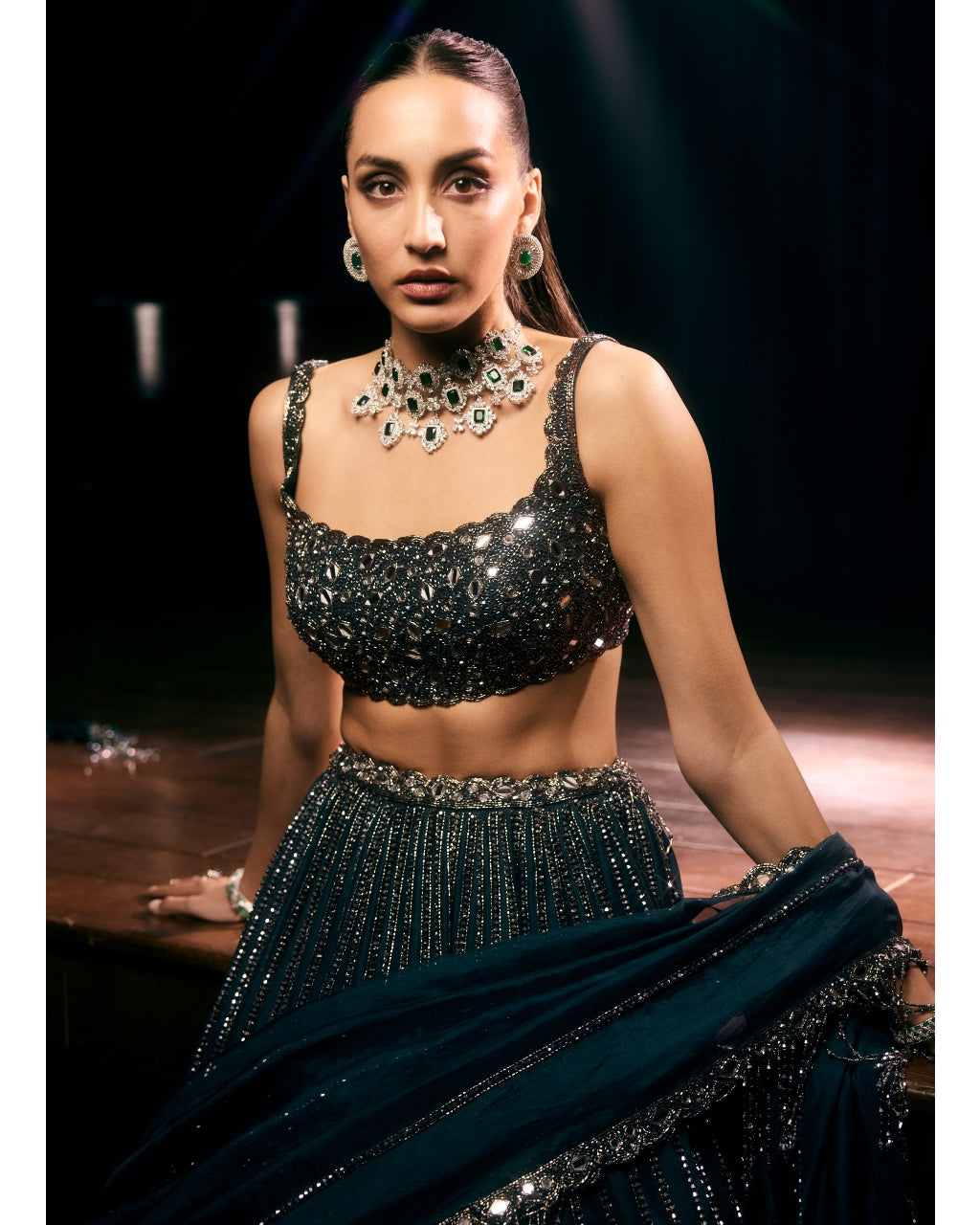 Dark Teal Linear Lehenga Set
