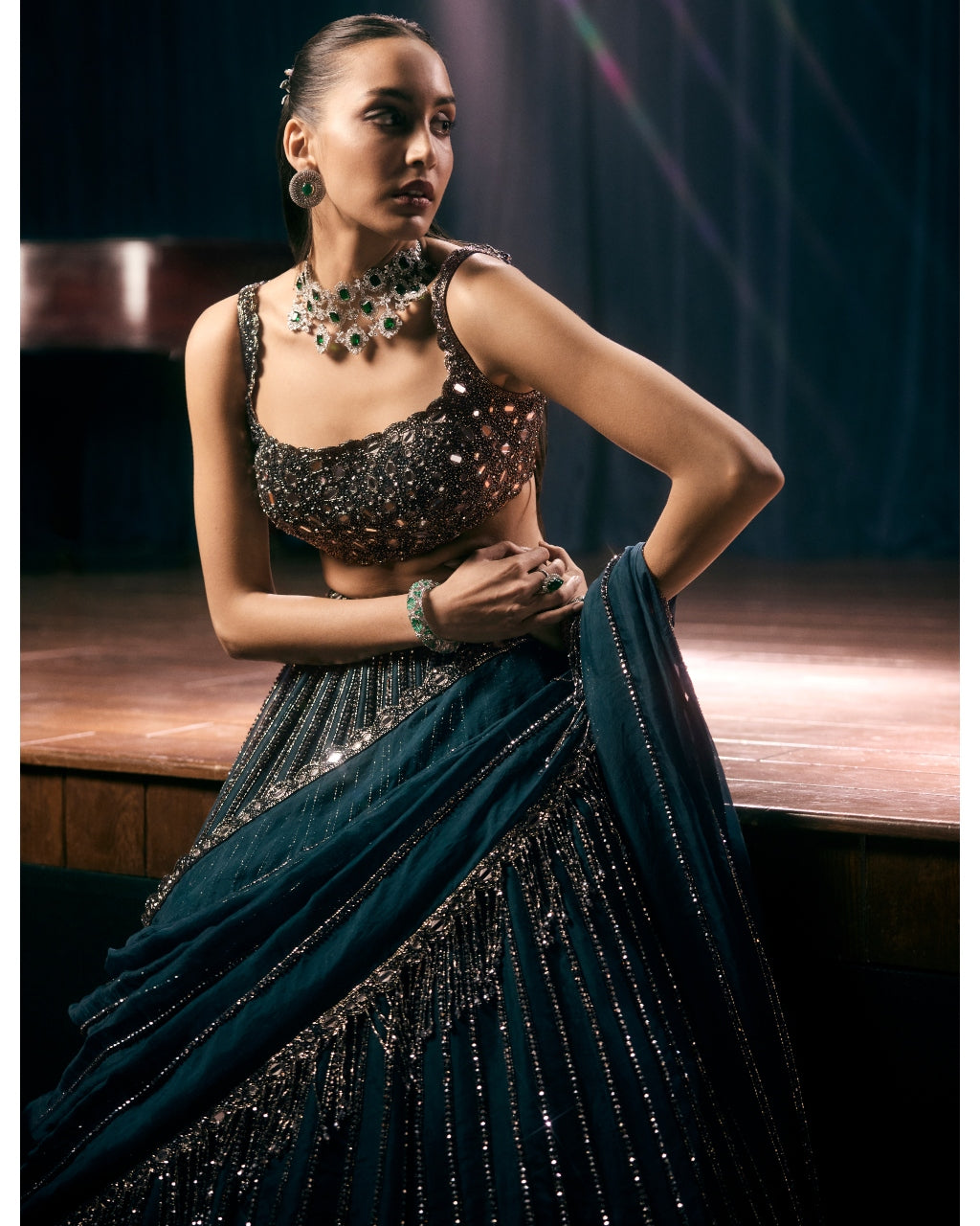 Dark Teal Linear Lehenga Set