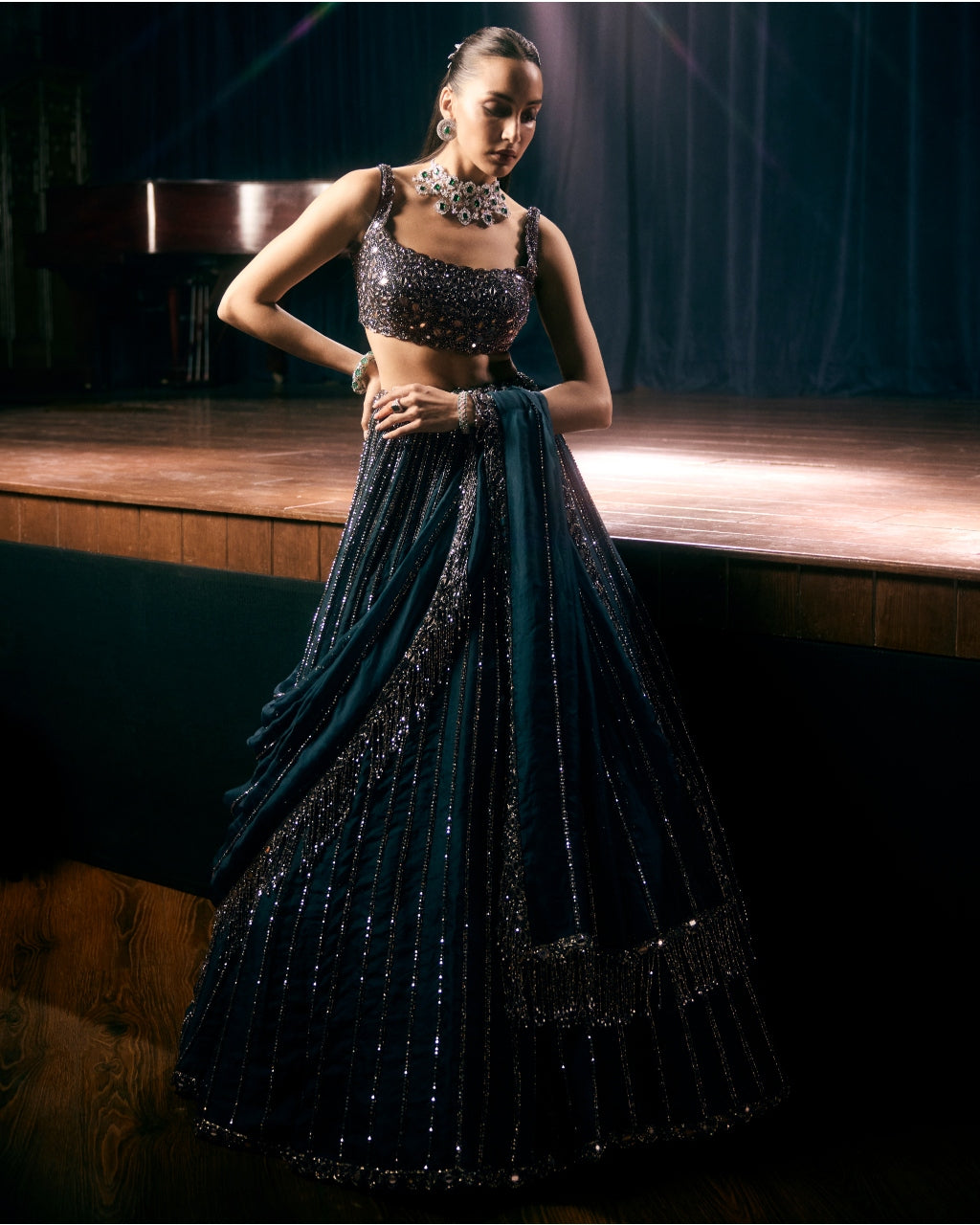 Dark Teal Linear Lehenga Set