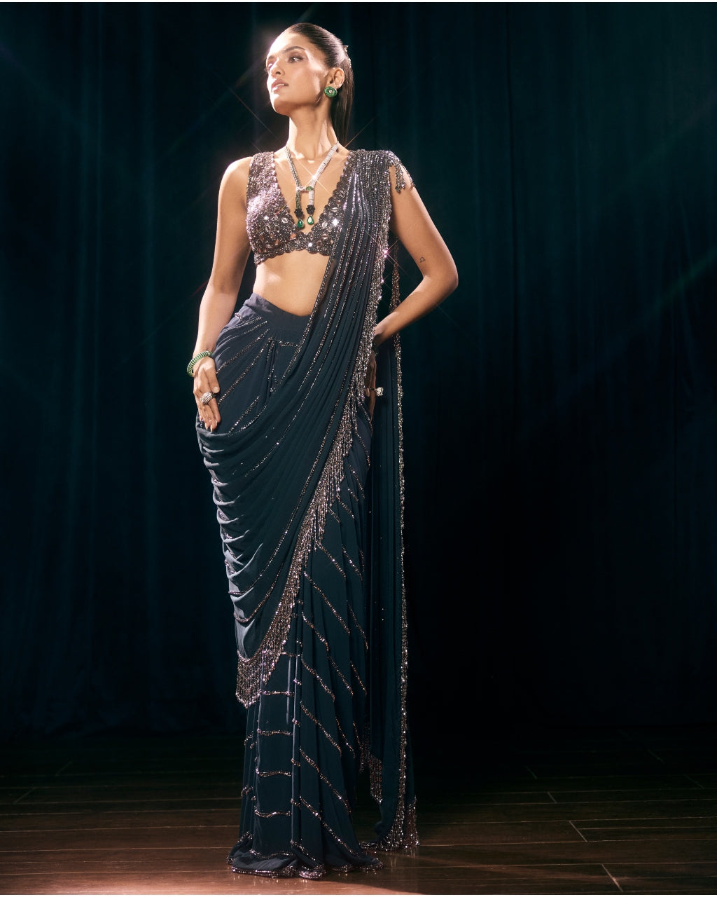 Dark Teal Linear Draped Sari