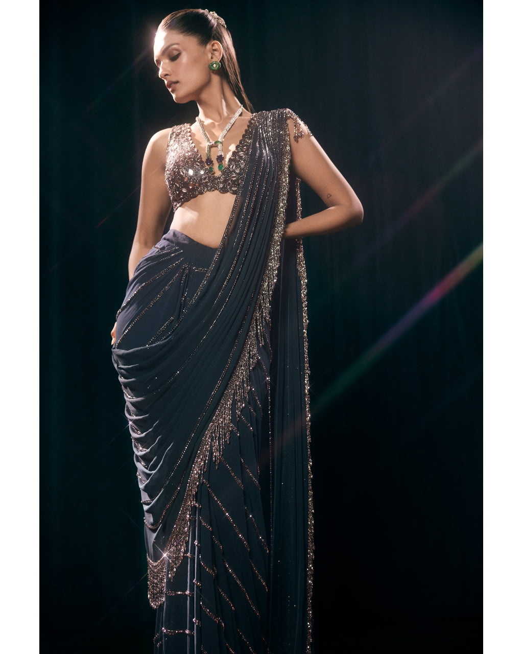 Dark Teal Linear Draped Sari