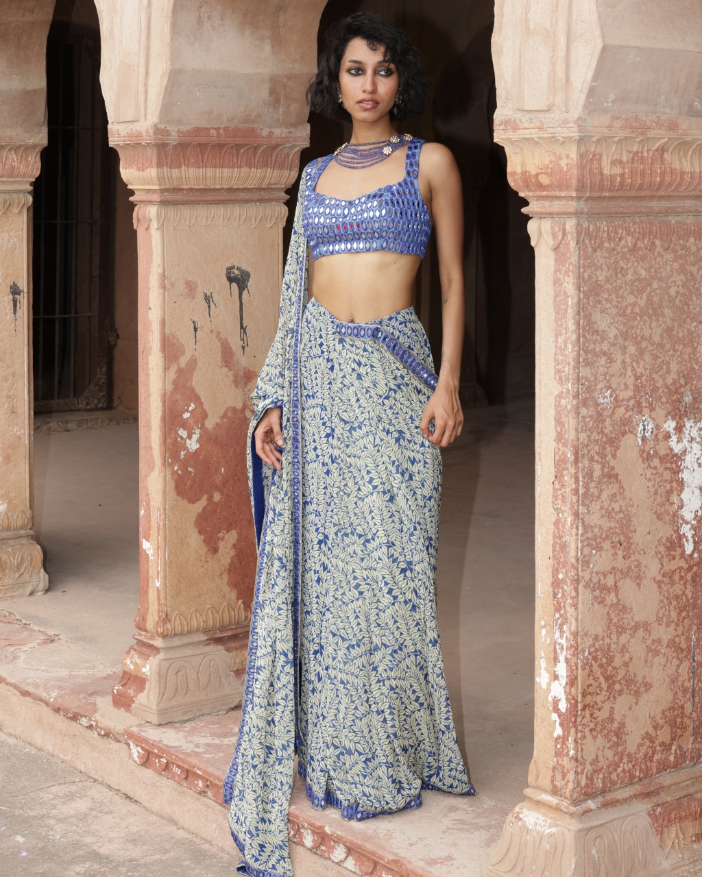 Blue Fire Print Hand Embroidered Sari Set