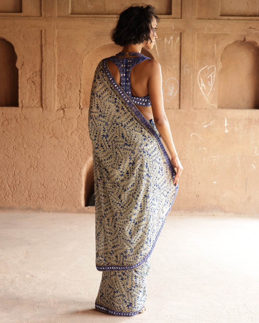 Blue Fire Print Hand Embroidered Sari Set