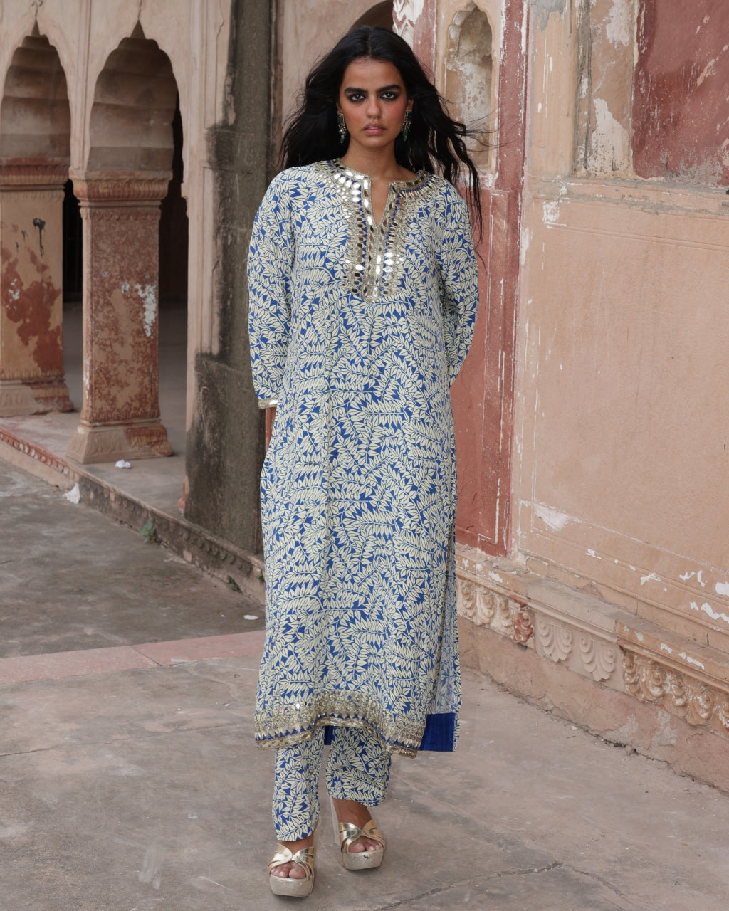 Blue Fire Print Hand Embroidered Kurta Set