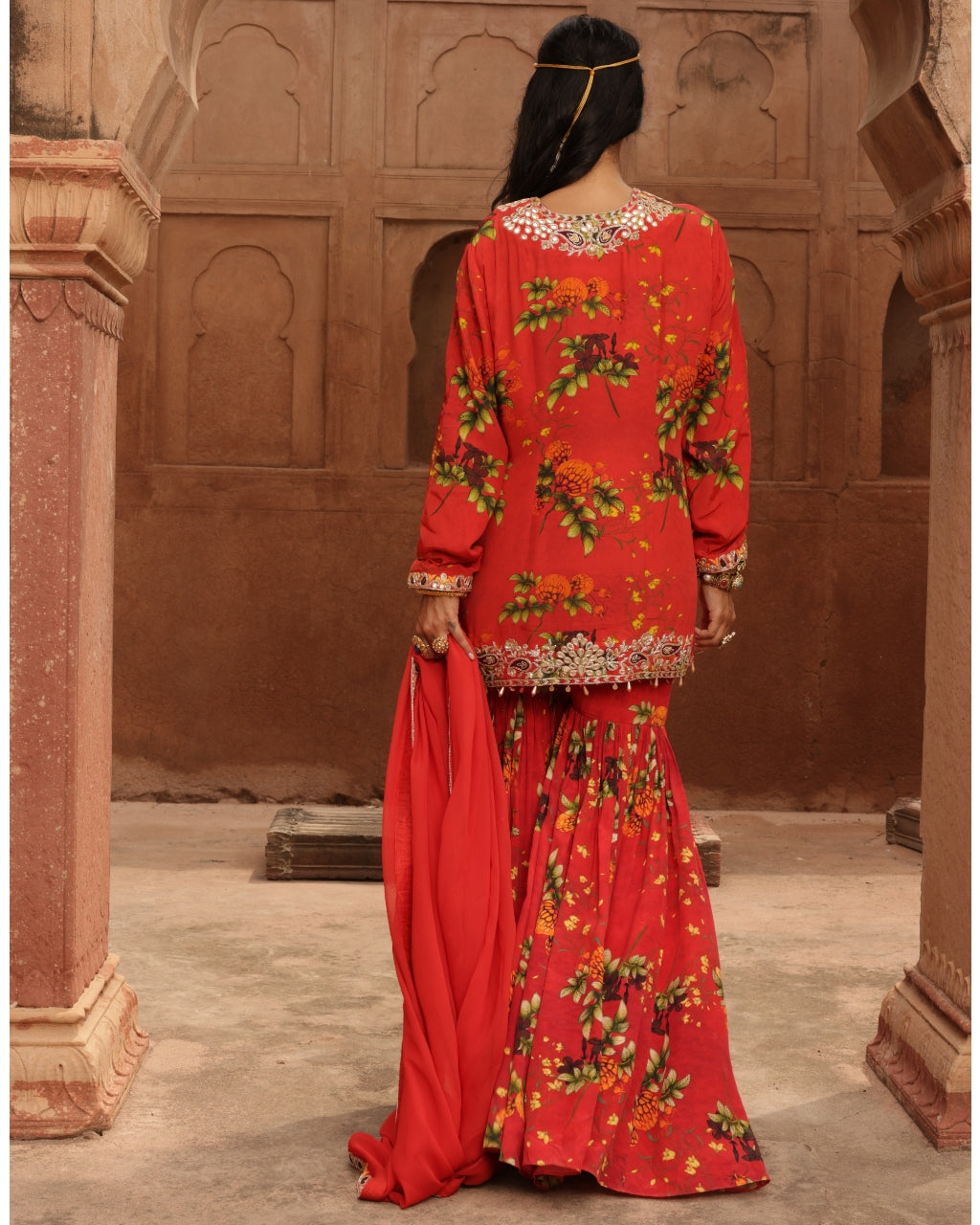 Sindoori Pine Print Hand Embroidered Gharara Set