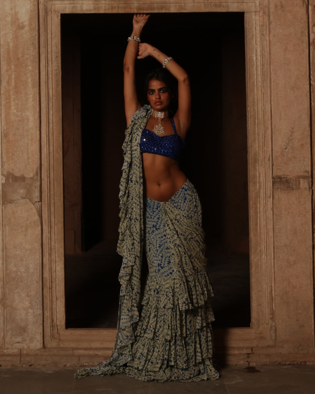 Blue Fire Print Ruffle Sari Set