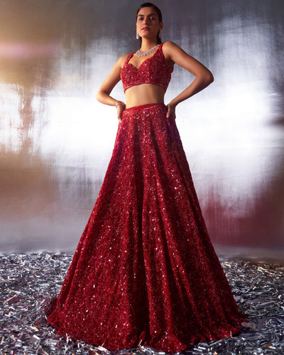 Red Net Lehenga Set