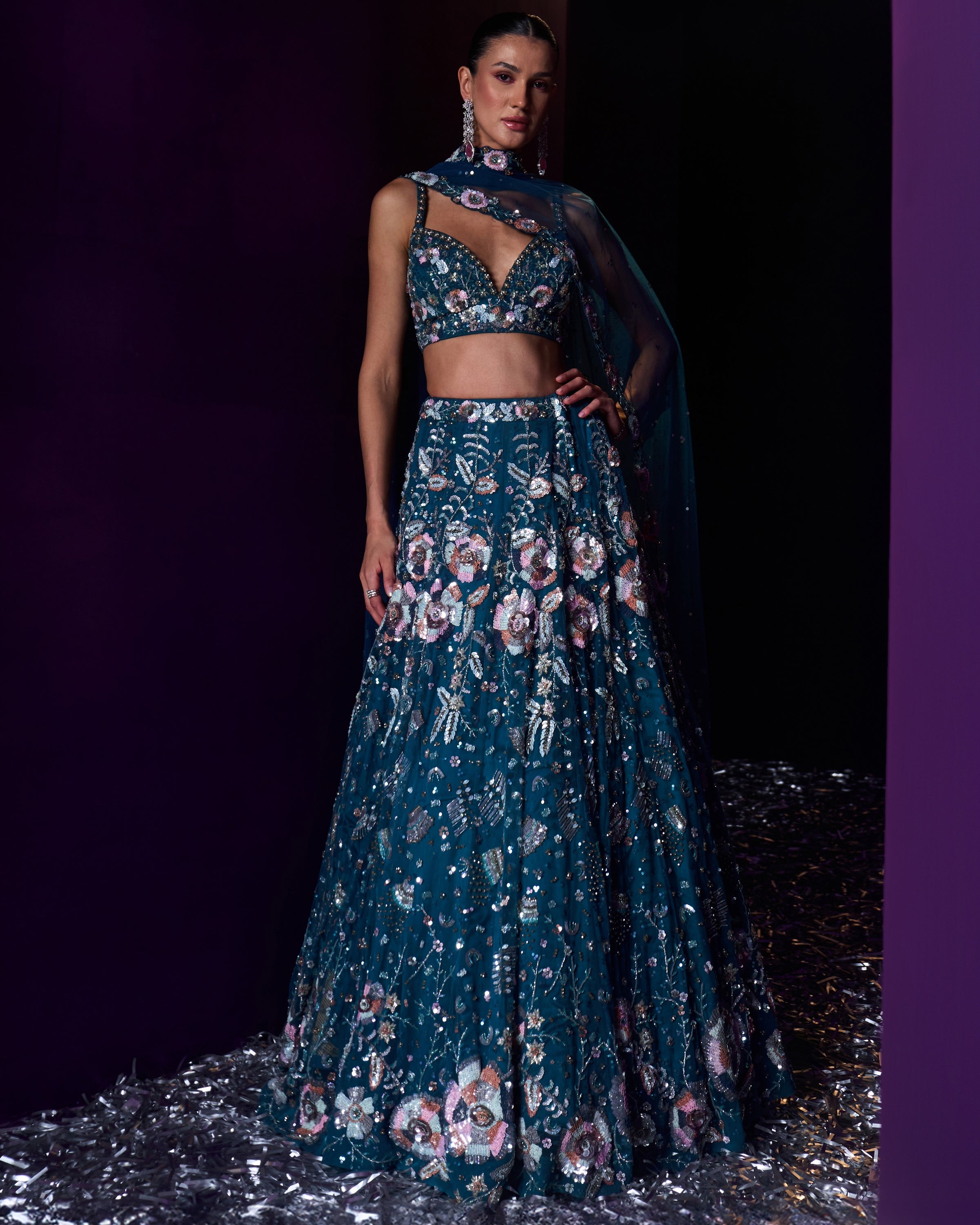Peacock Blue Net Lehenga Set