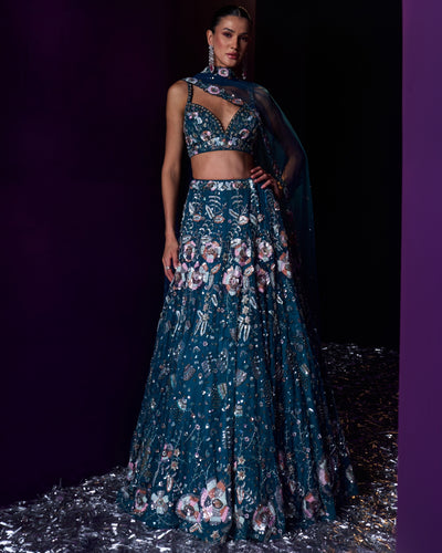 Peacock Blue Net Lehenga Set