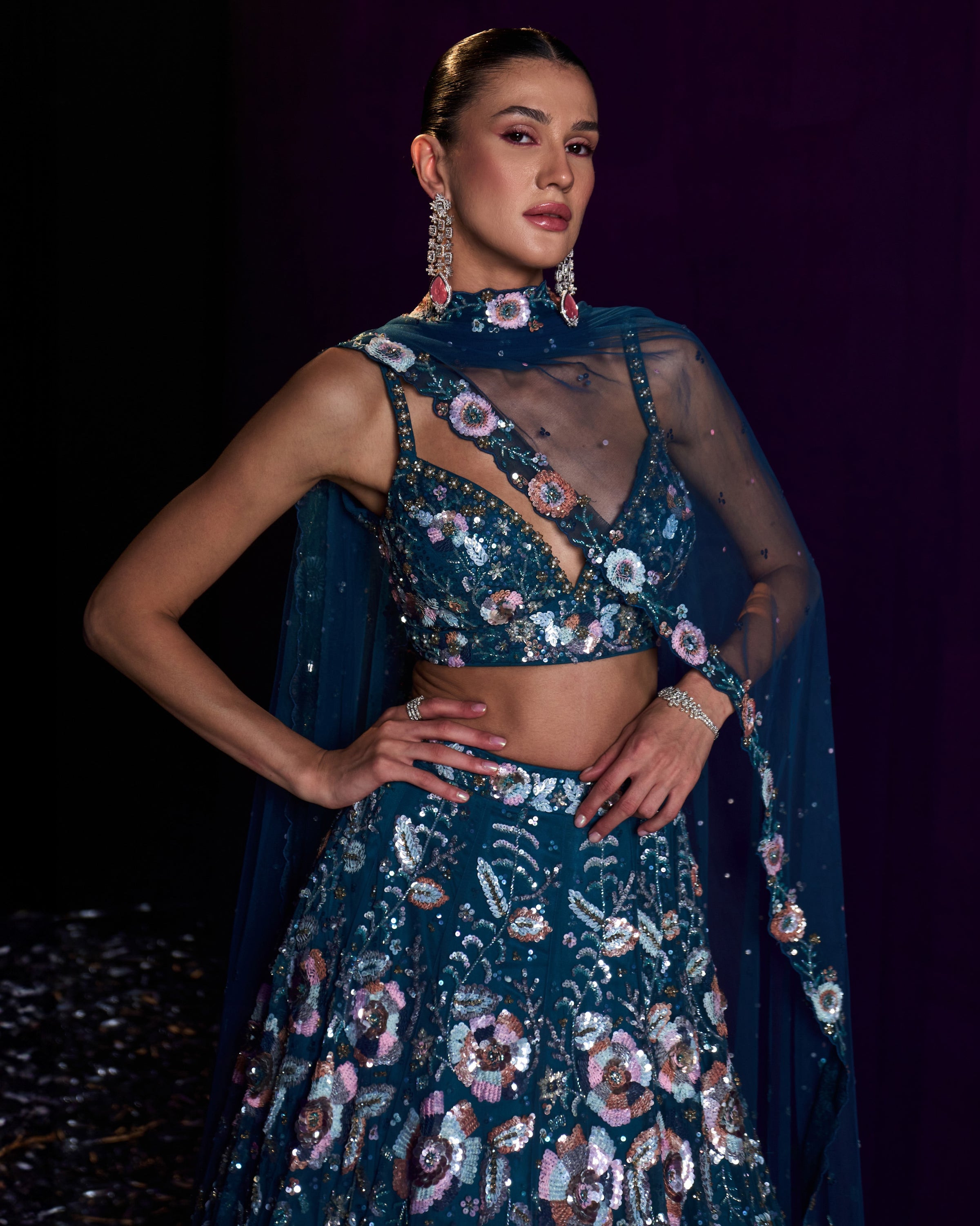 Peacock Blue Net Lehenga Set