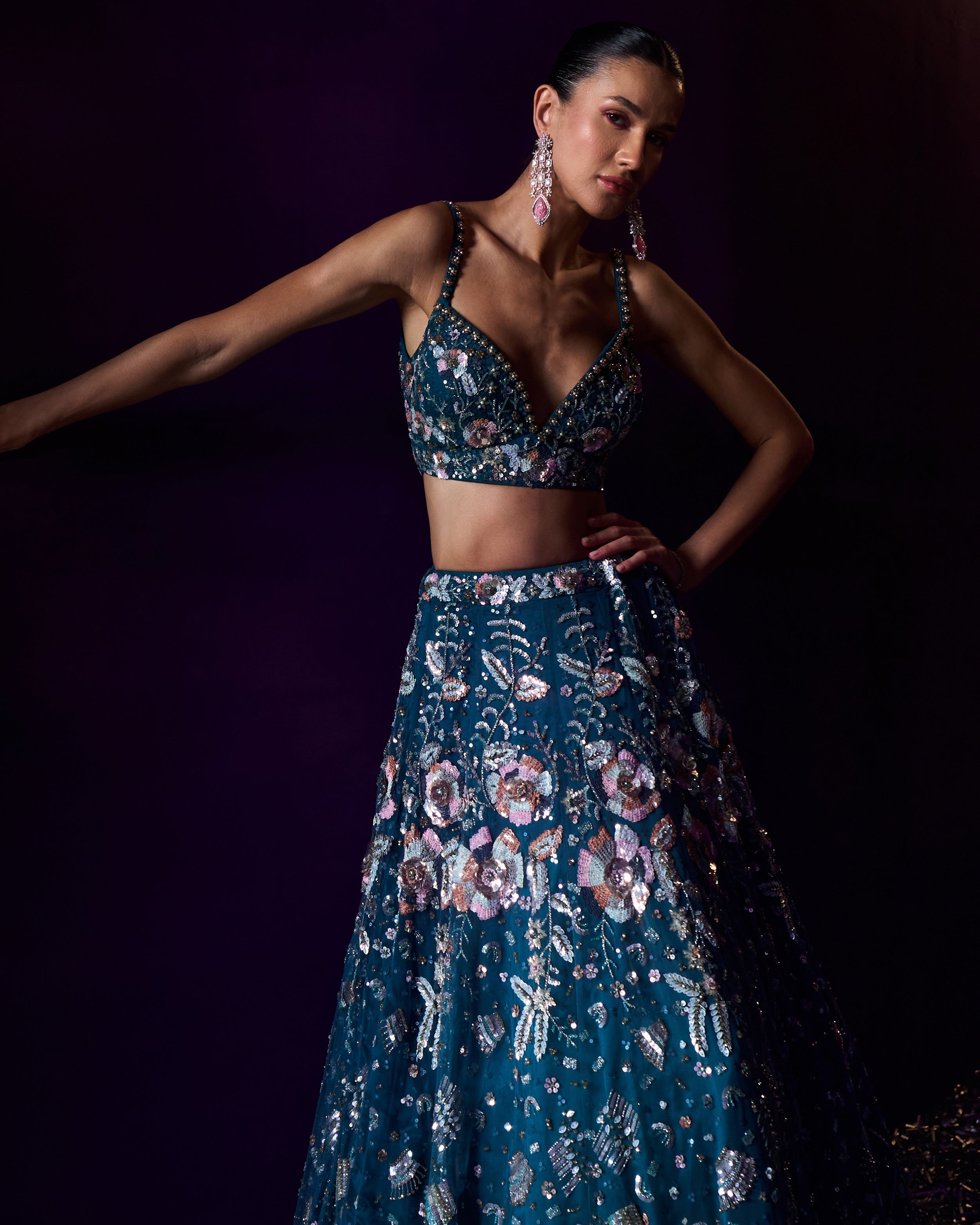 Peacock Blue Net Lehenga Set