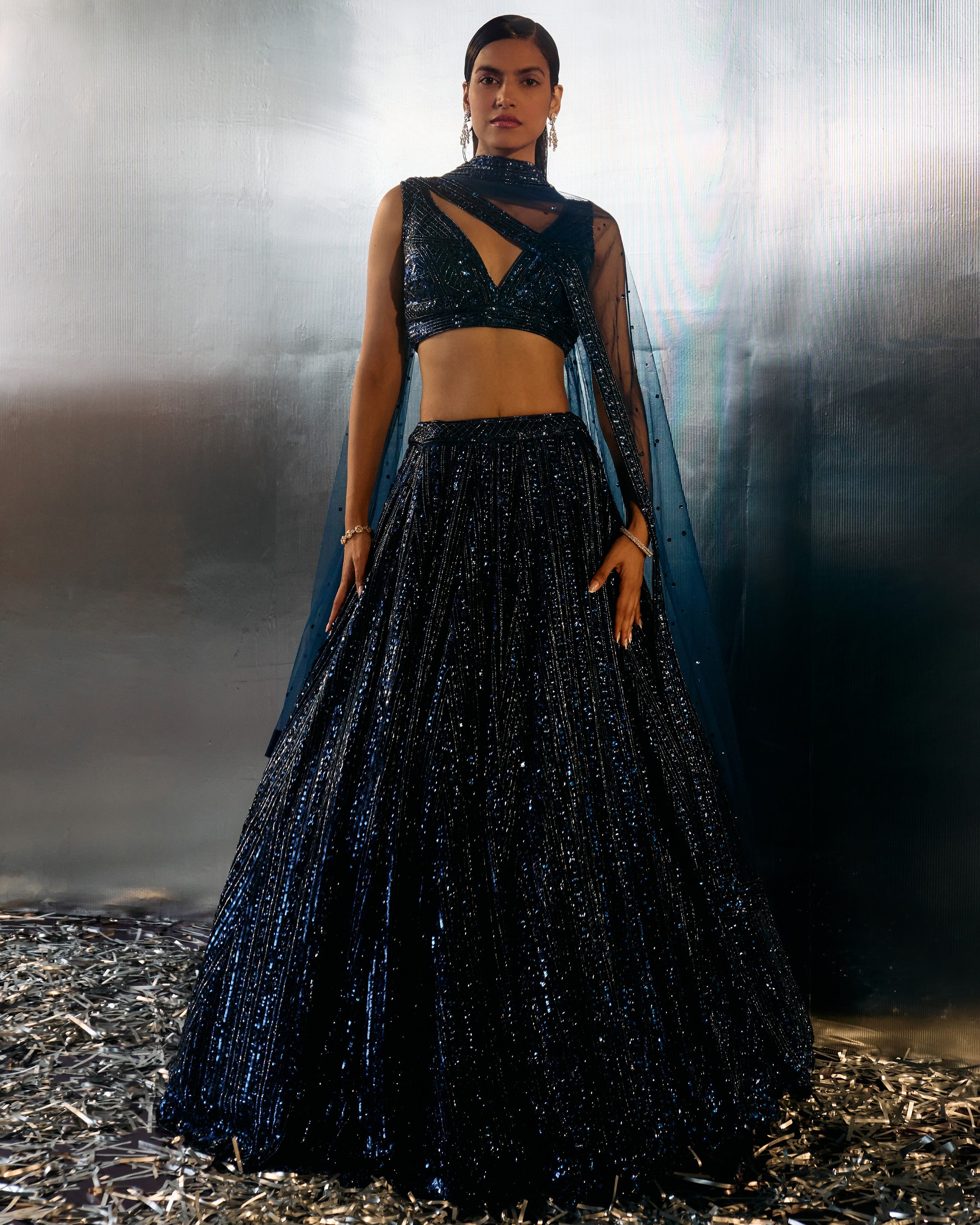 Electric Blue Net Lehenga Set