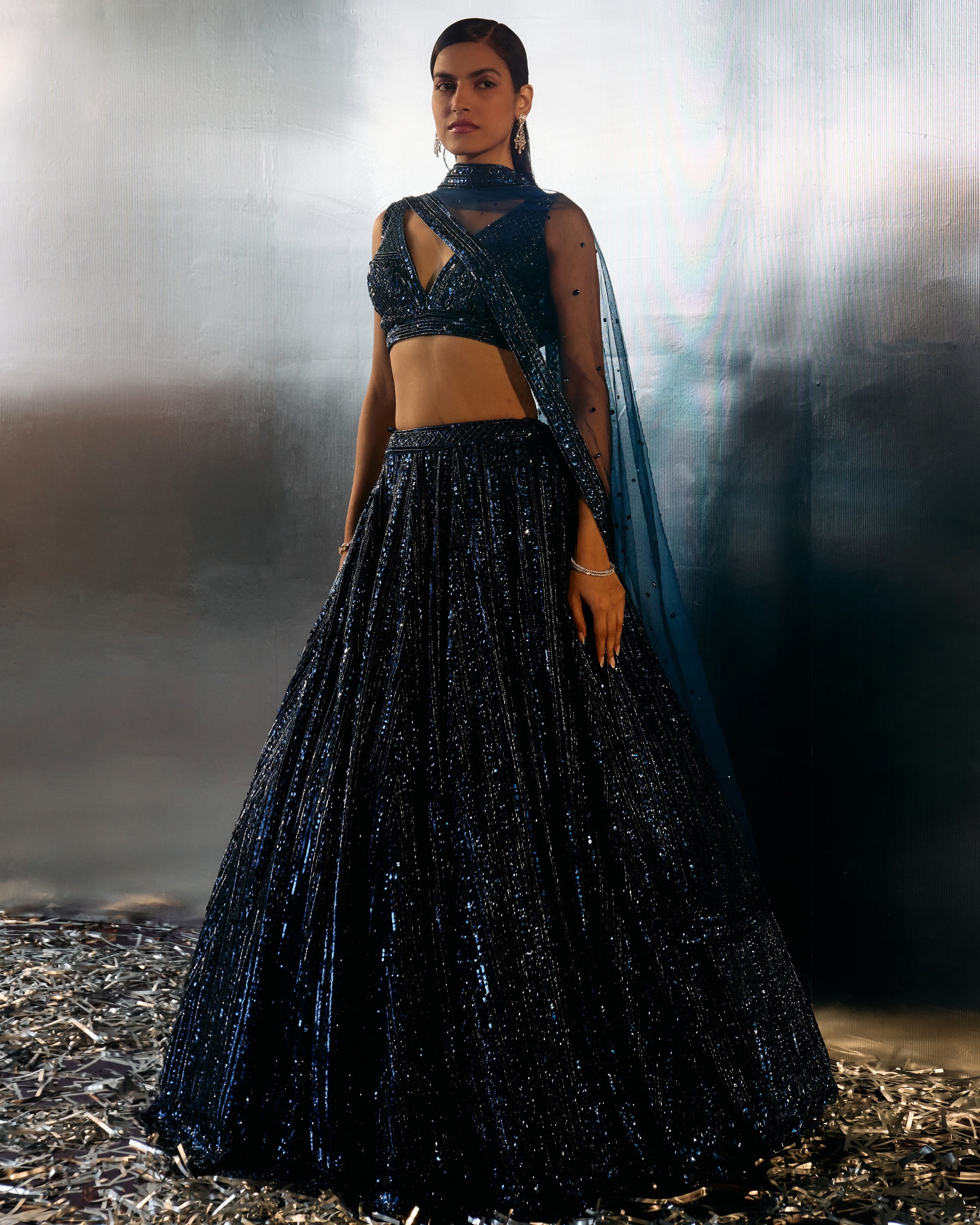 Electric Blue Net Lehenga Set