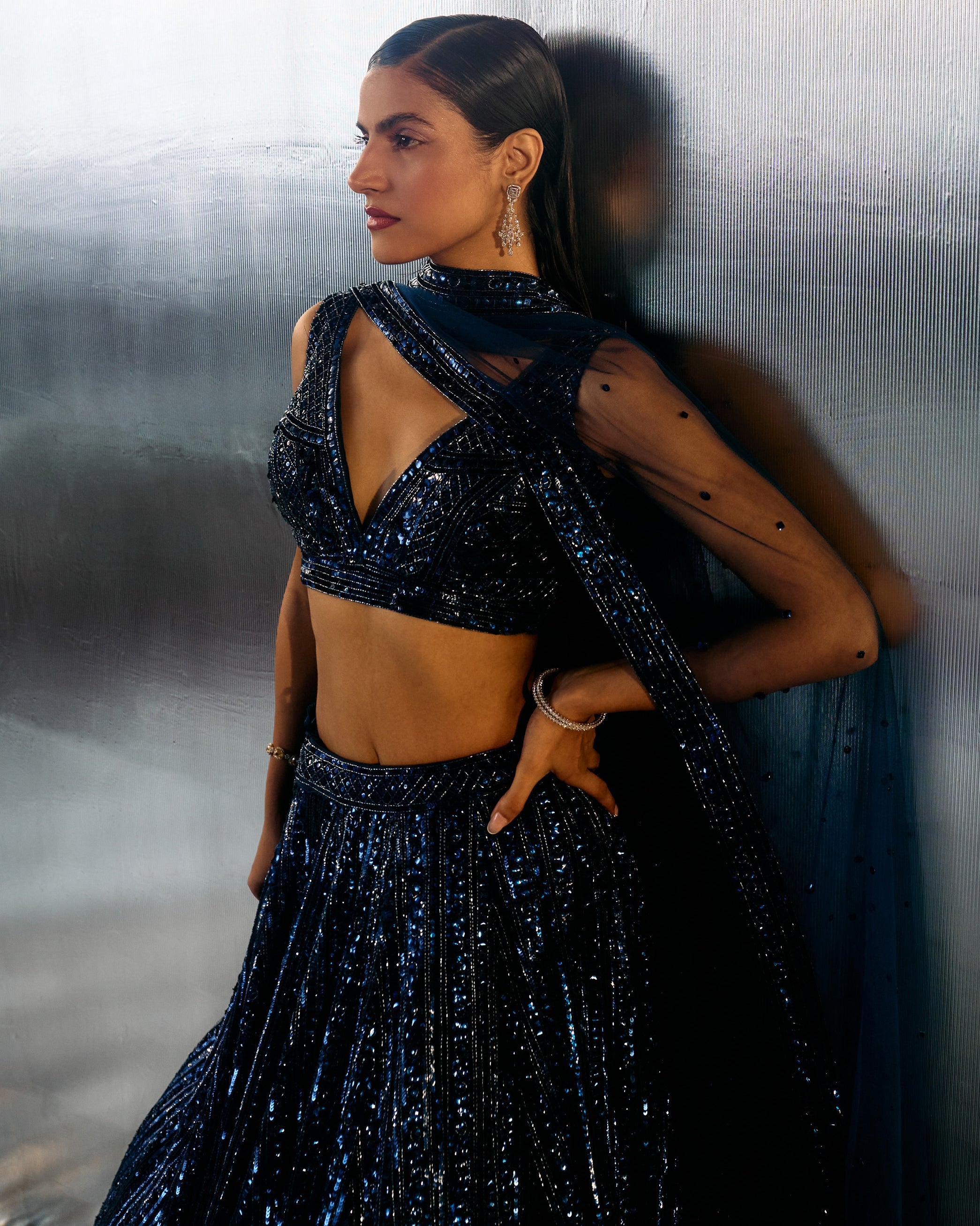 Electric Blue Net Lehenga Set