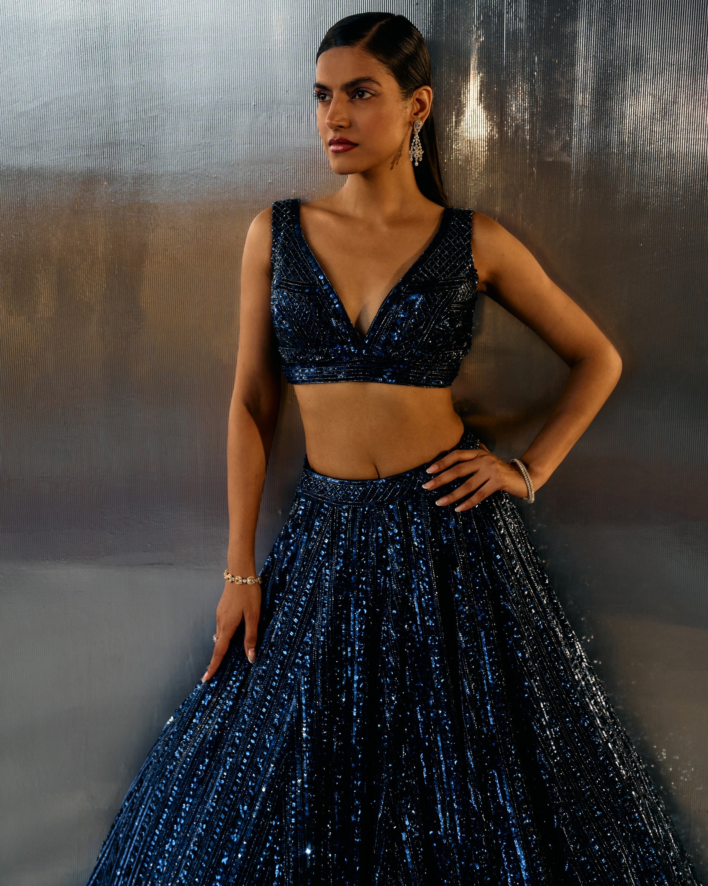 Electric Blue Net Lehenga Set