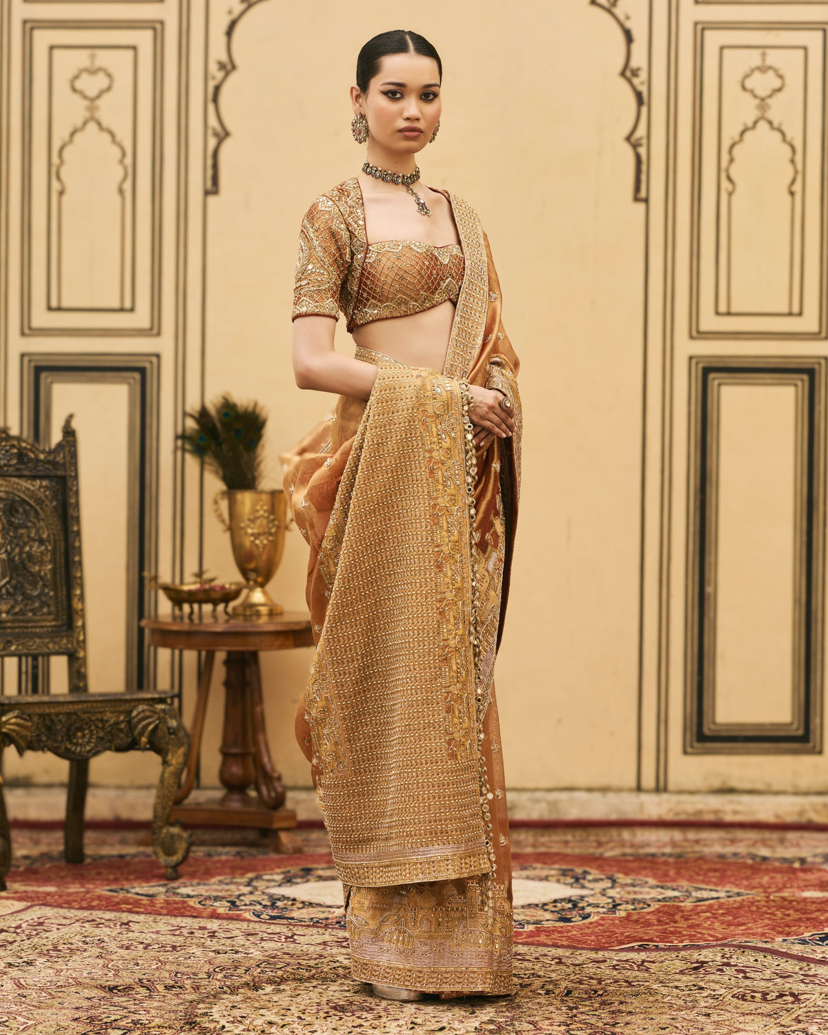 Tamra Peach Sari Set