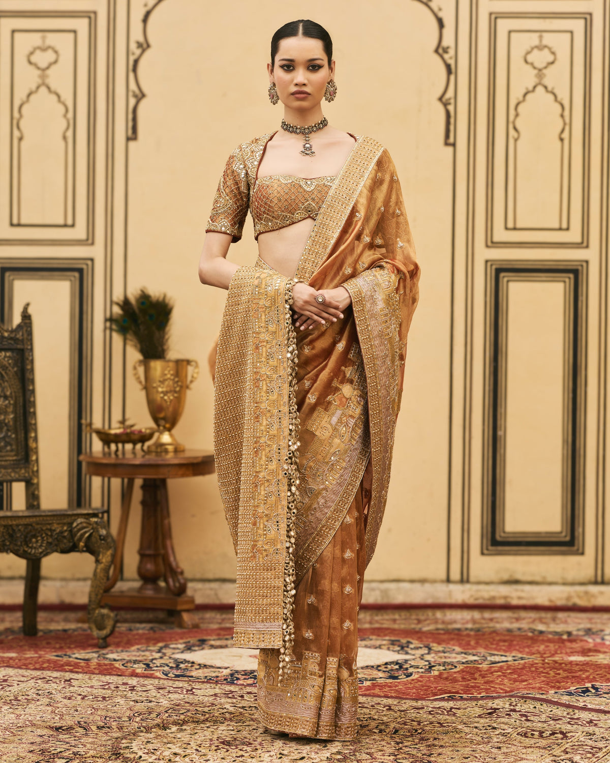 Tamra Peach Sari Set