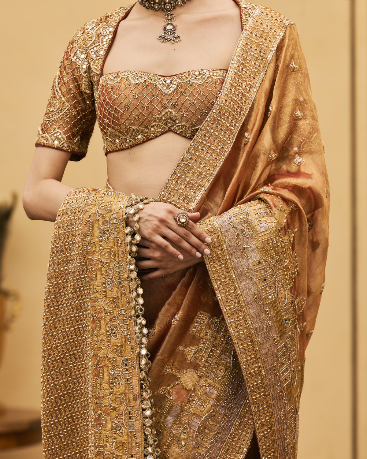 Tamra Peach Sari Set