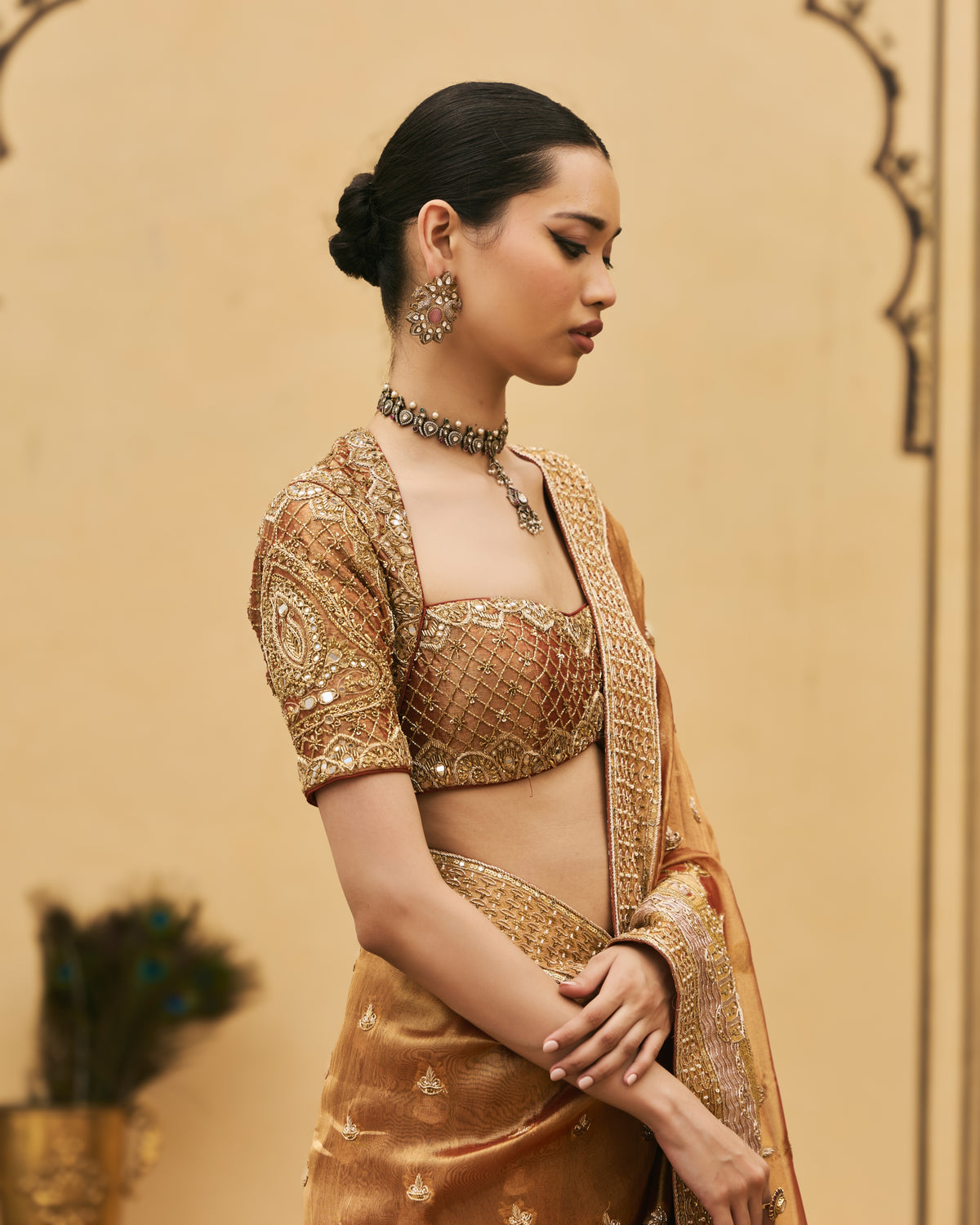 Tamra Peach Sari Set