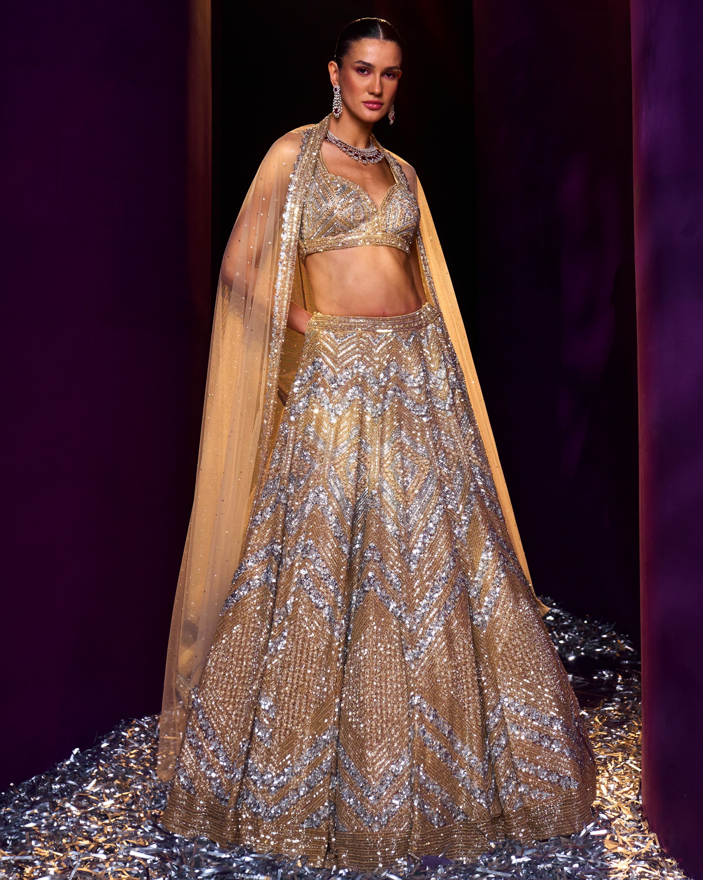 Gold Net Lehenga Set