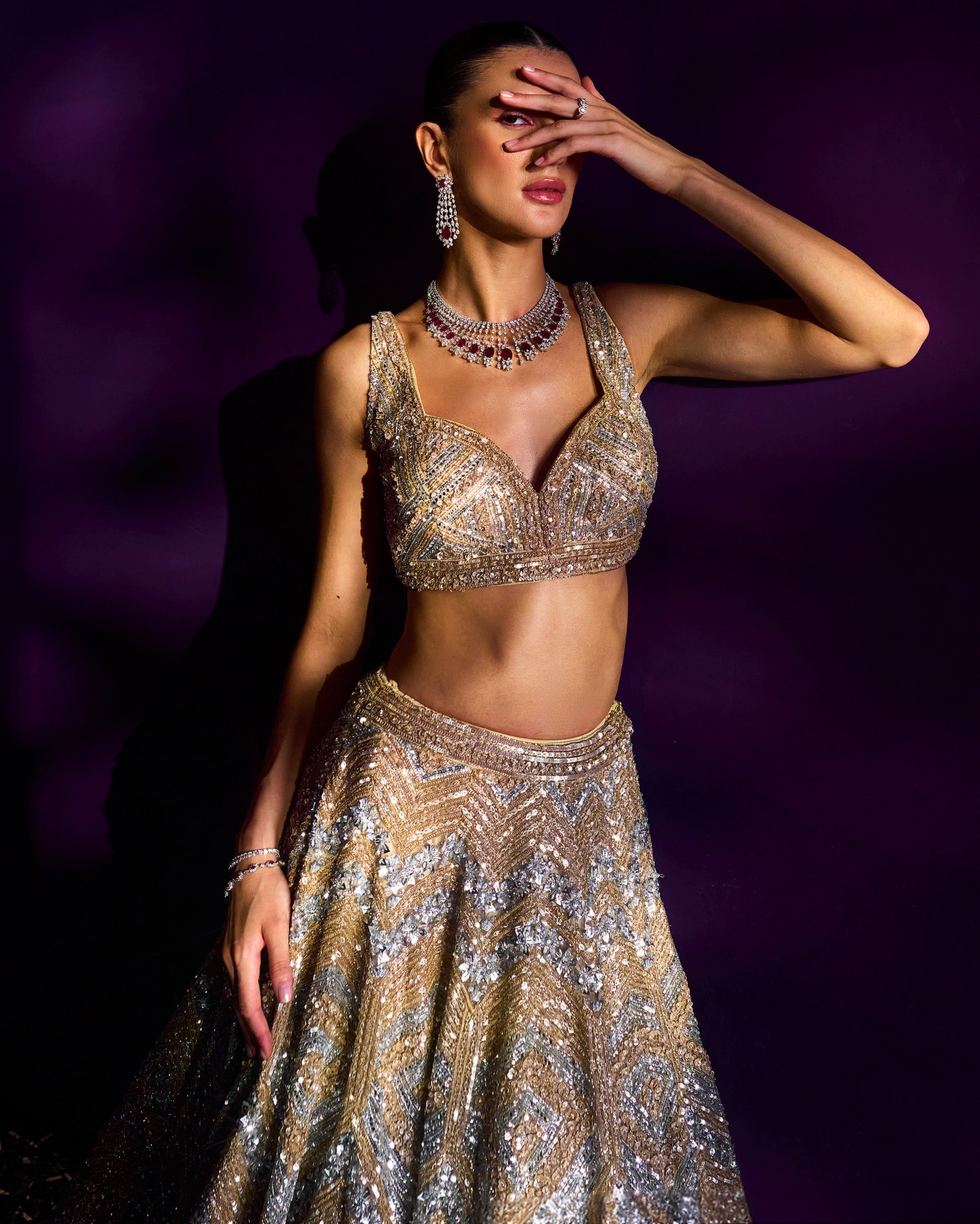 Gold Net Lehenga Set
