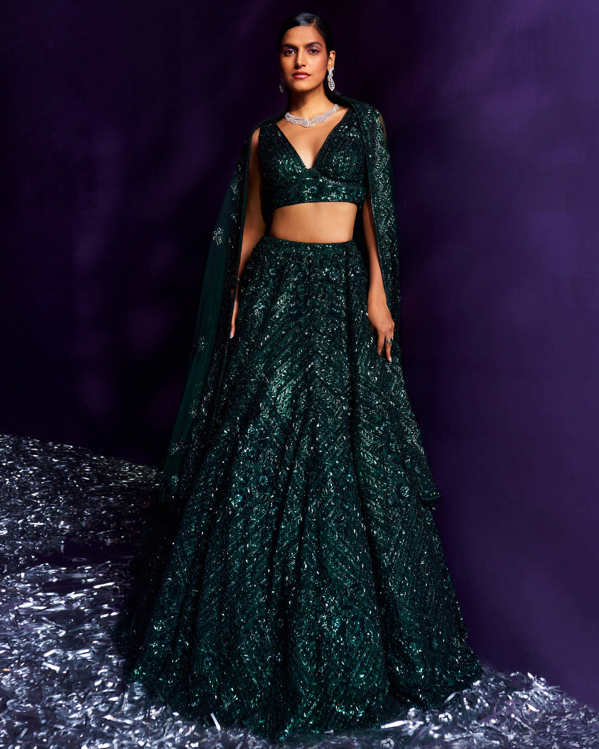 Emerald Green Net Lehenga Set