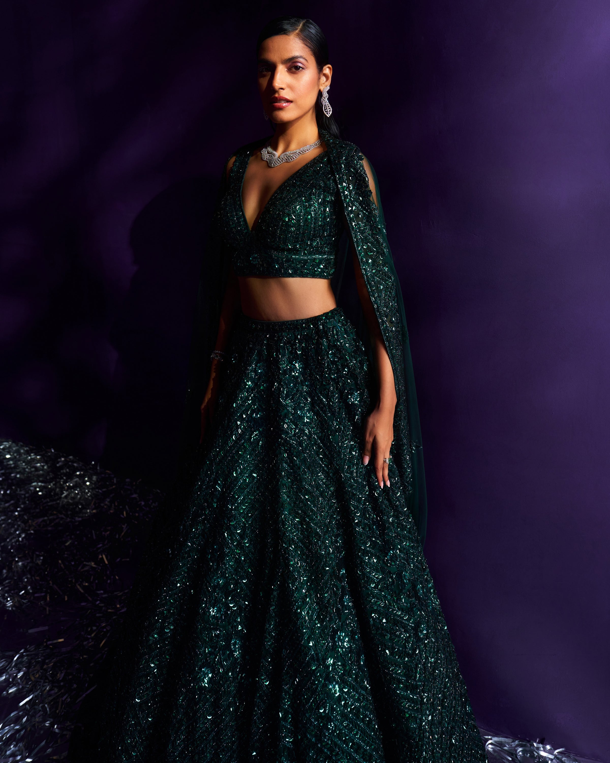 Emerald Green Net Lehenga Set