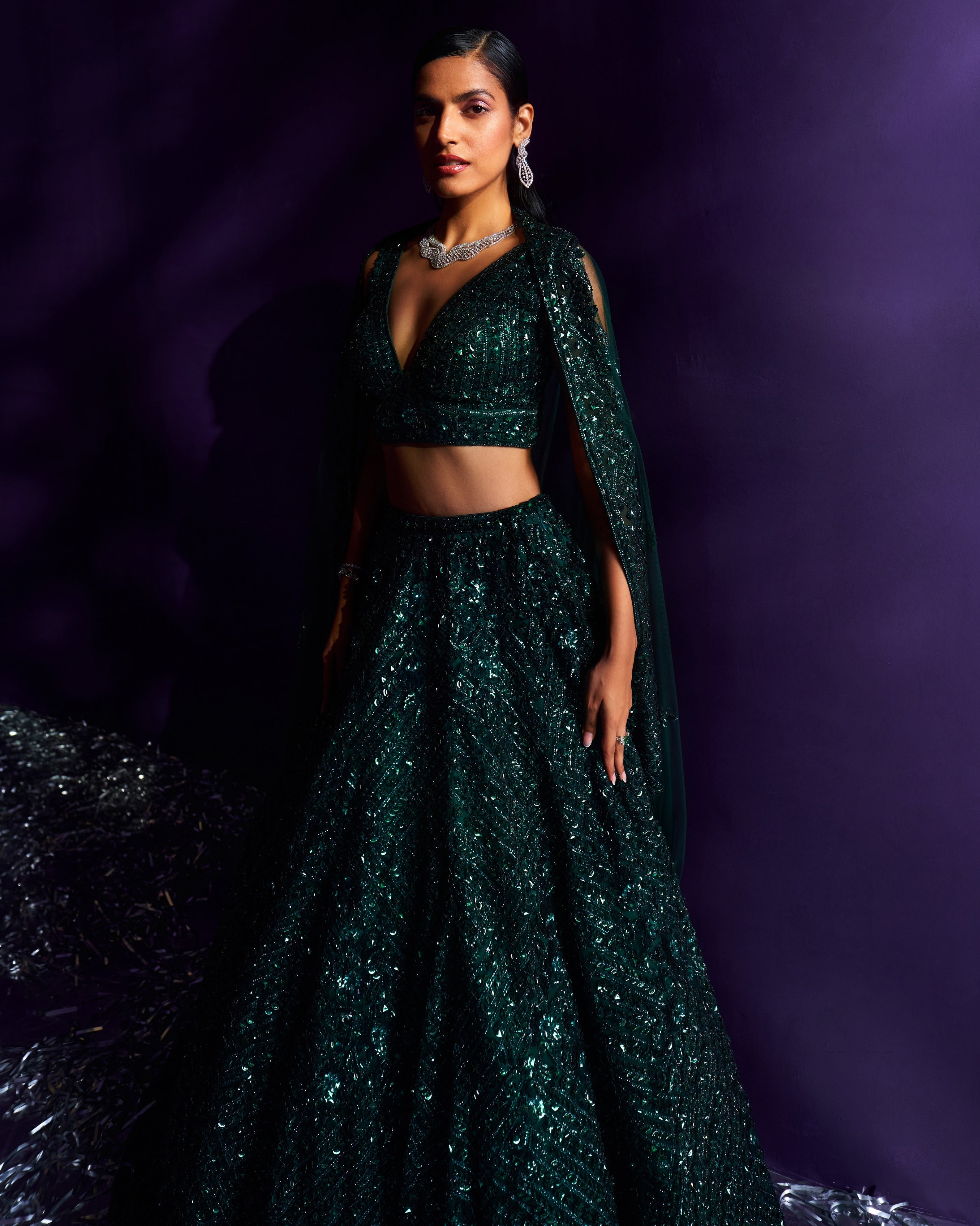 Emerald Green Net Lehenga Set