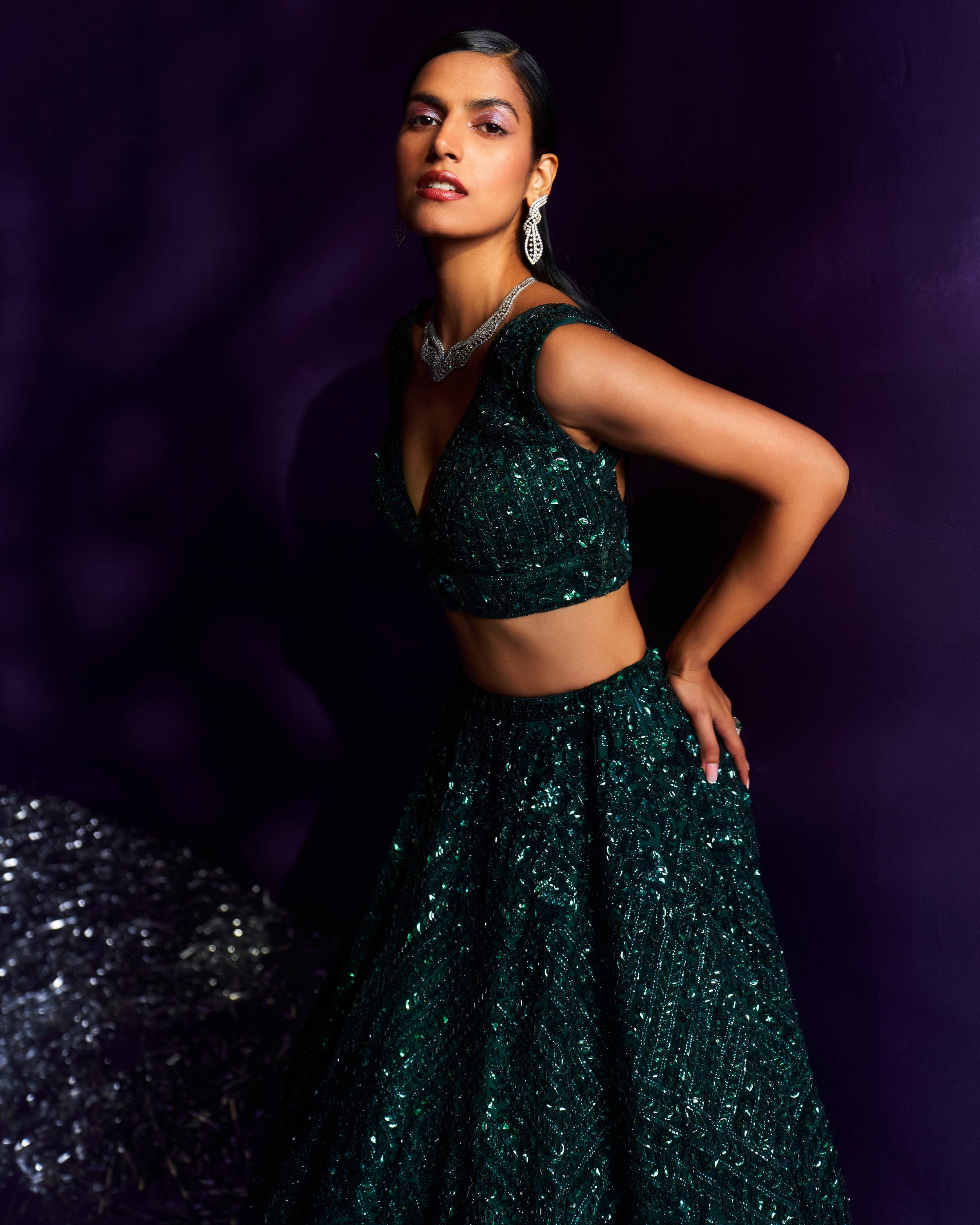 Emerald Green Net Lehenga Set